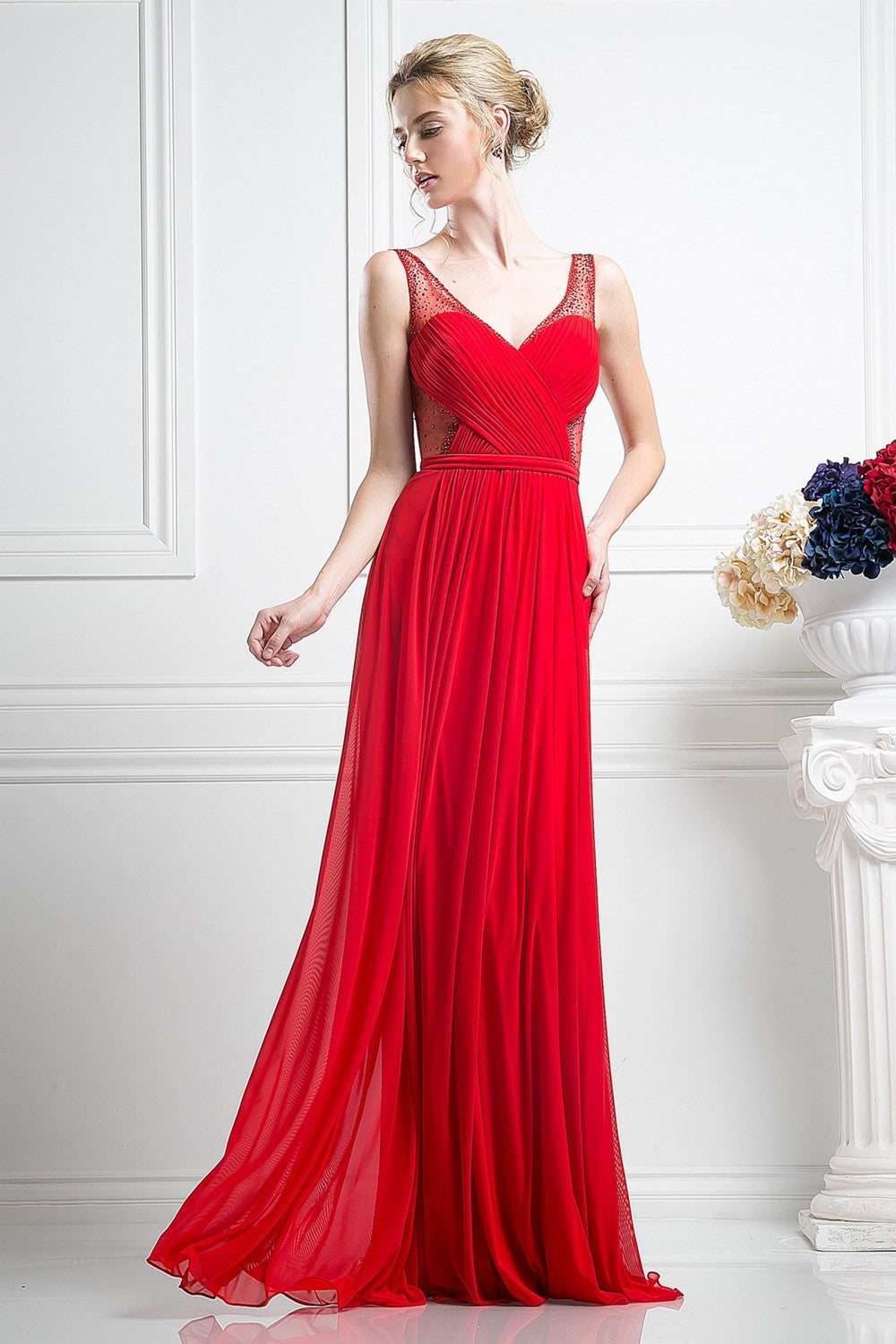 A-Line Stretch Mesh Gown With Illusion Bodice Cut Outs And Jeweled Details by Cinderella Divine -5061