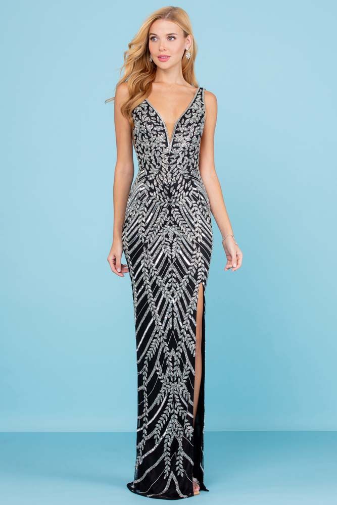 Sequined Deep V Neck Sheath Dress By SCALA -60222