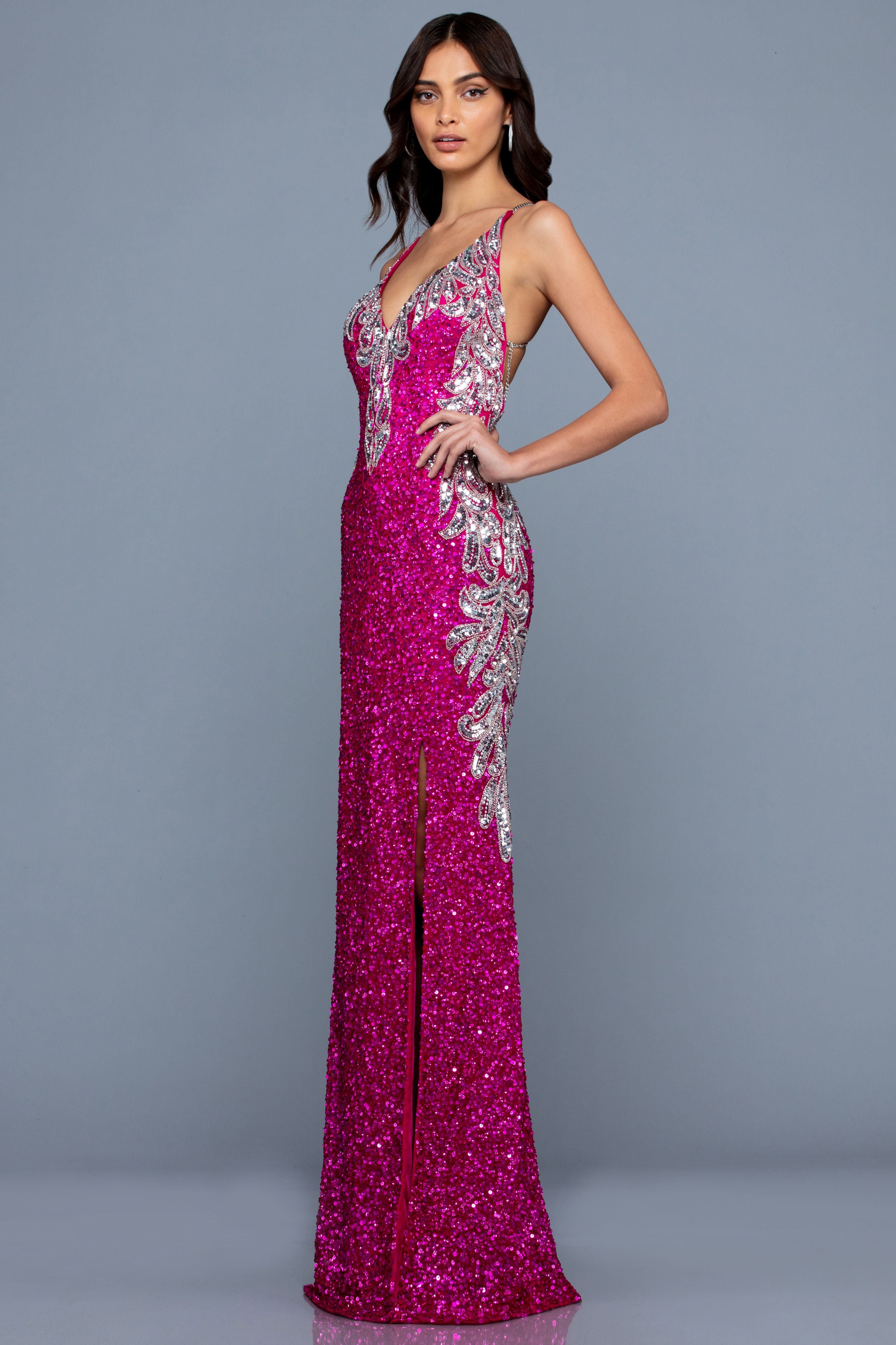 V-Neck  Sequin Long Dress By Scala -60225