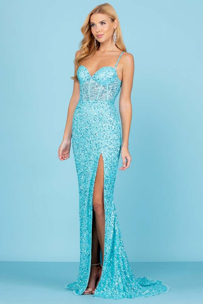 Sequined Corset High Slit Gown By SCALA -60284
