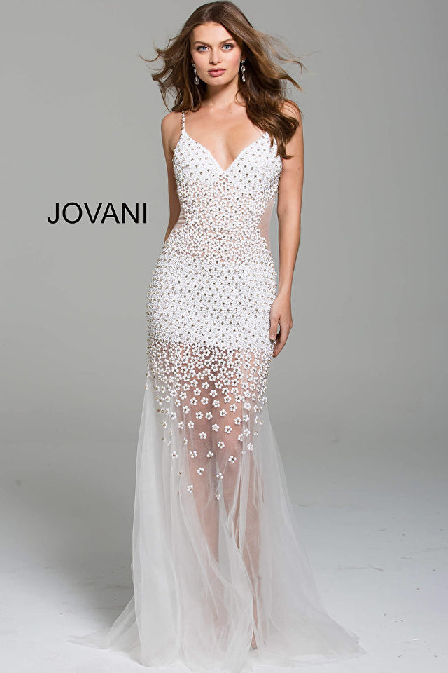 Beaded Plunging V-Neck Tulle Trumpet Dress By Jovani -60695