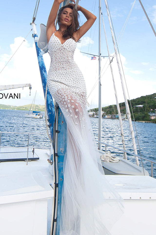 Beaded Plunging V-Neck Tulle Trumpet Dress By Jovani -60695