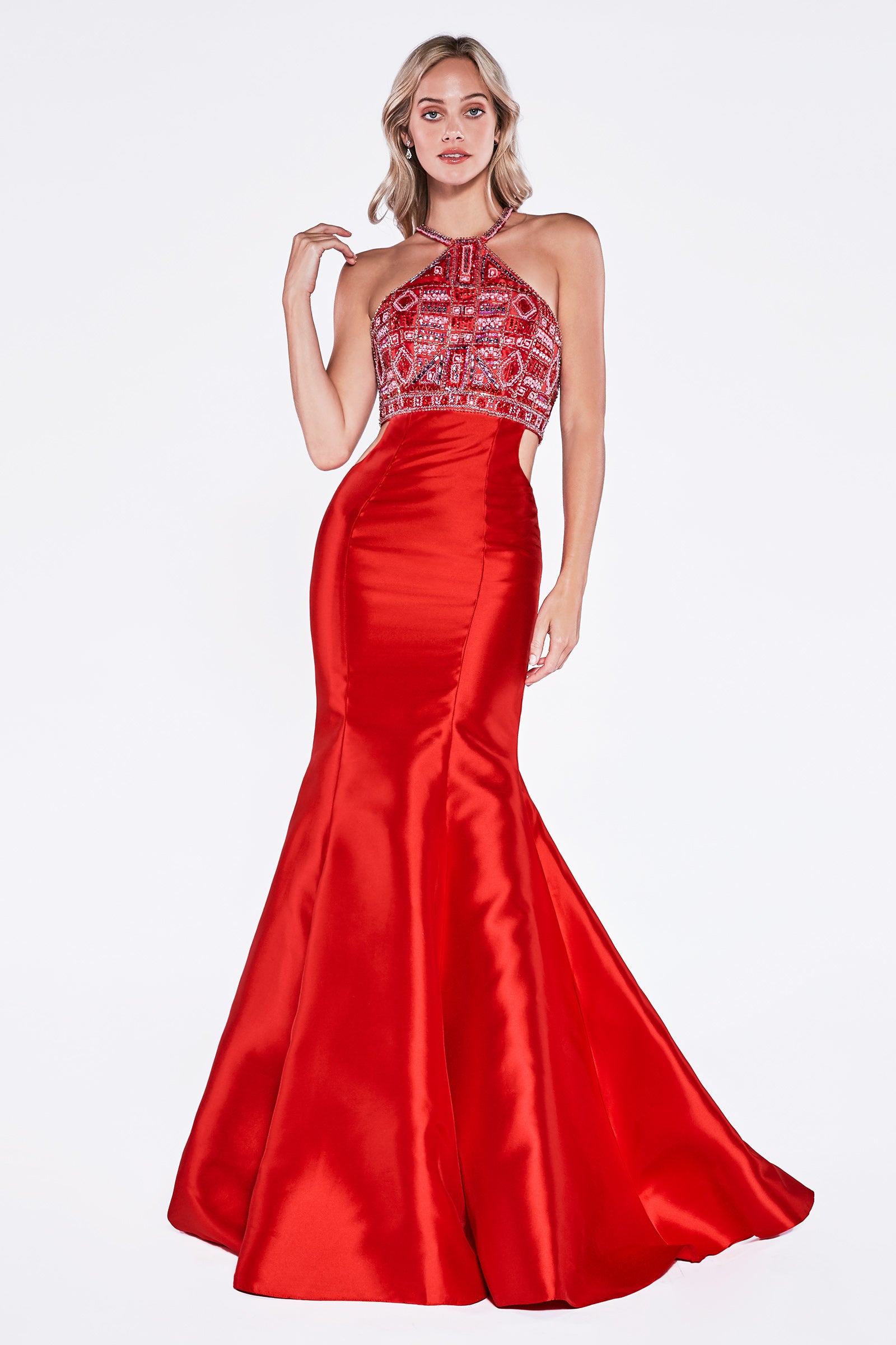 Fitted Mermaid Mikado Gown With Beaded Halter Neckline And Waist Cut Out by Cinderella Divine -61894