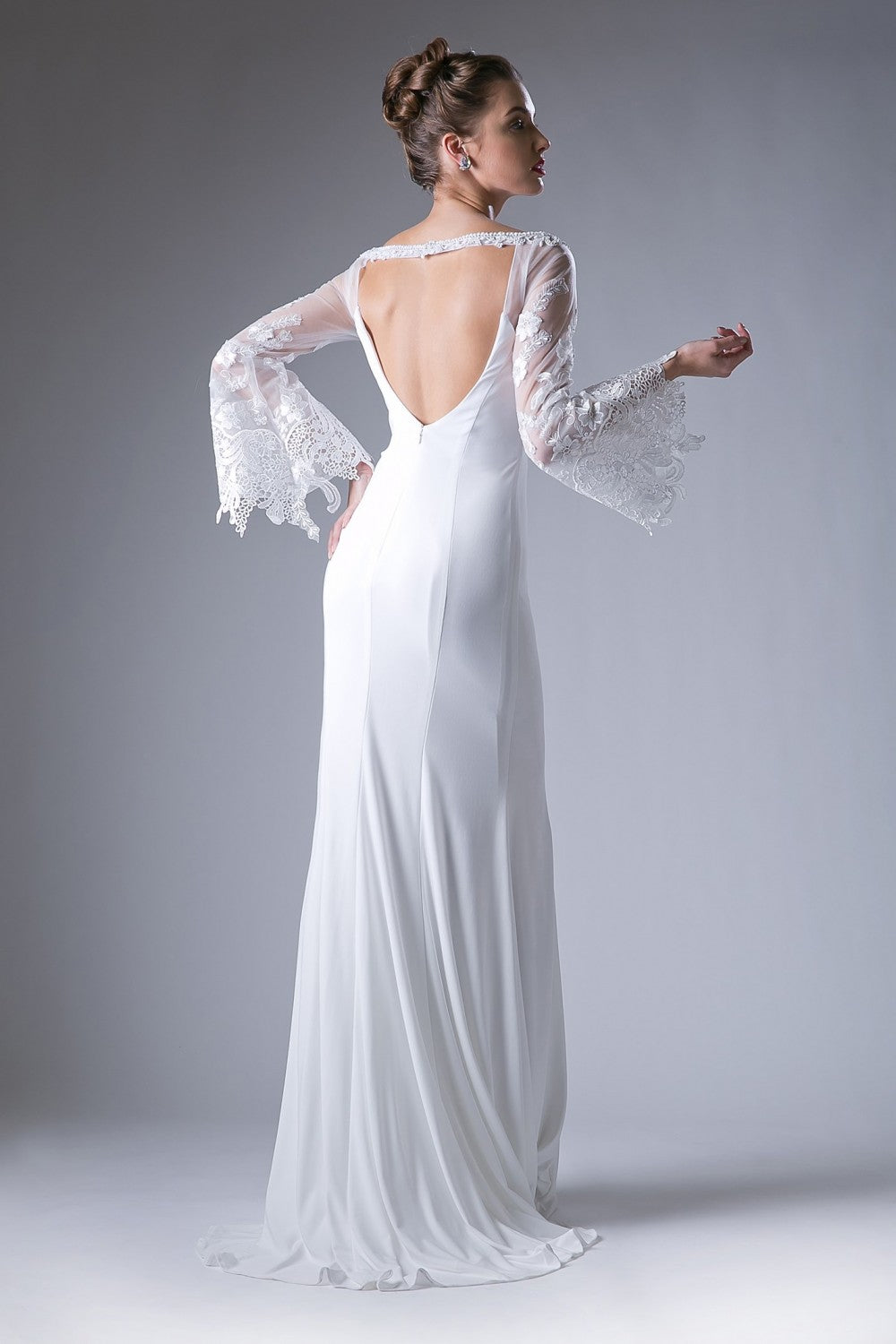 Fitted Stretch Jersey Dress With Lace Bell Sleeves And Open Keyhole Back by Cinderella Divine -71272