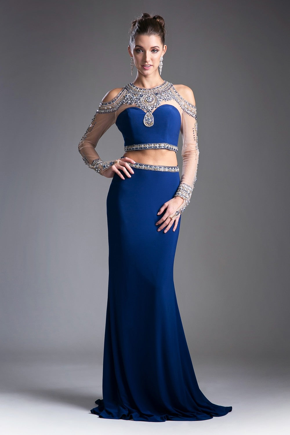 Two Piece Fitted Dress With Embelished Long Sleeves And Cold Shoulder by Cinderella Divine -71486