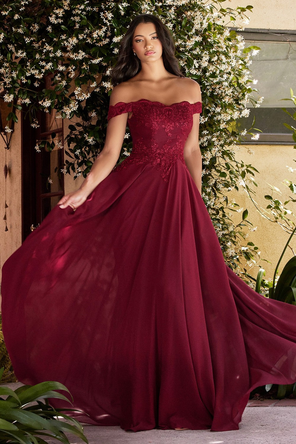 Off The Shoulder Lace Bodice Gown With Flowy Chiffon Bottom And Leg Slit In Lining by Cinderella Divine -7258