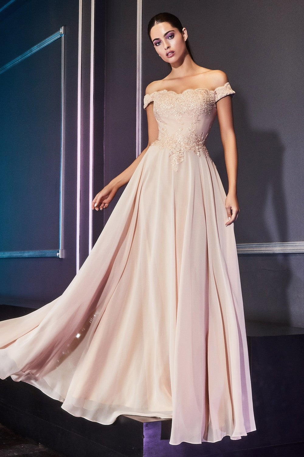 Off The Shoulder Lace Bodice Gown With Flowy Chiffon Bottom And Leg Slit In Lining by Cinderella Divine -7258