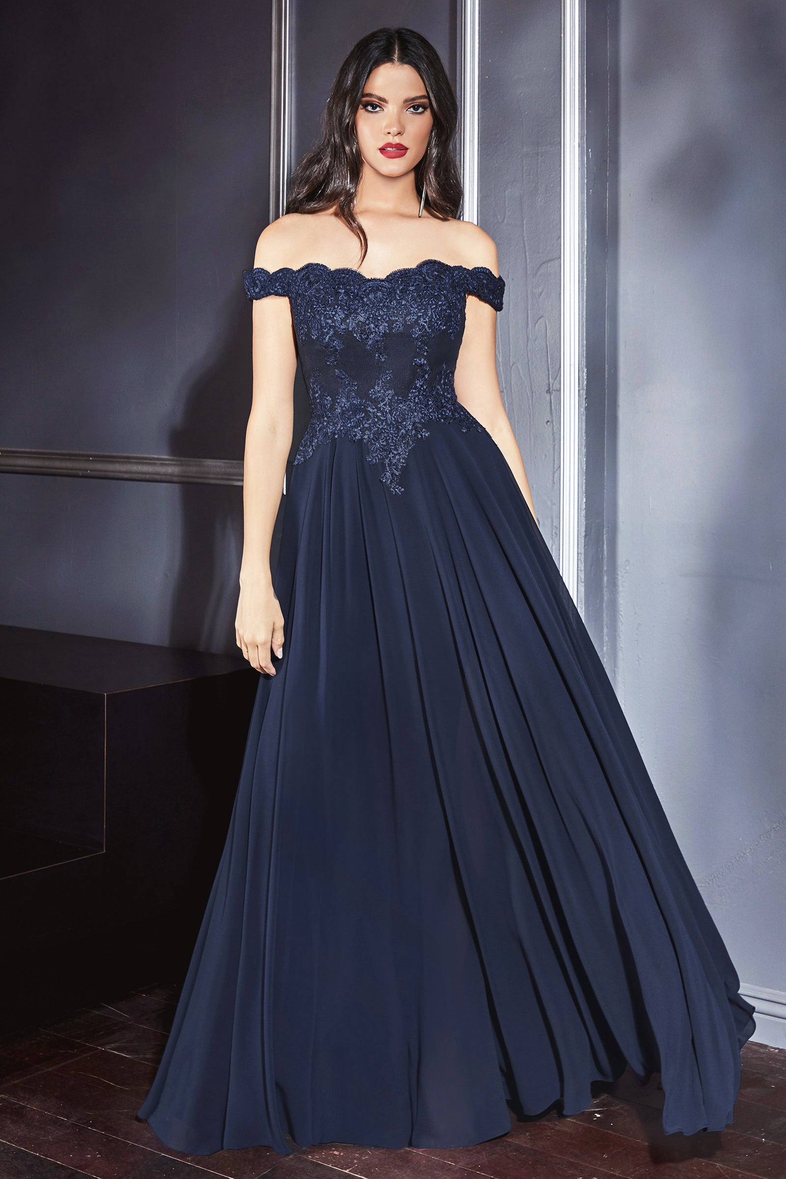 Off The Shoulder Lace Bodice Gown With Flowy Chiffon Bottom And Leg Slit In Lining by Cinderella Divine -7258