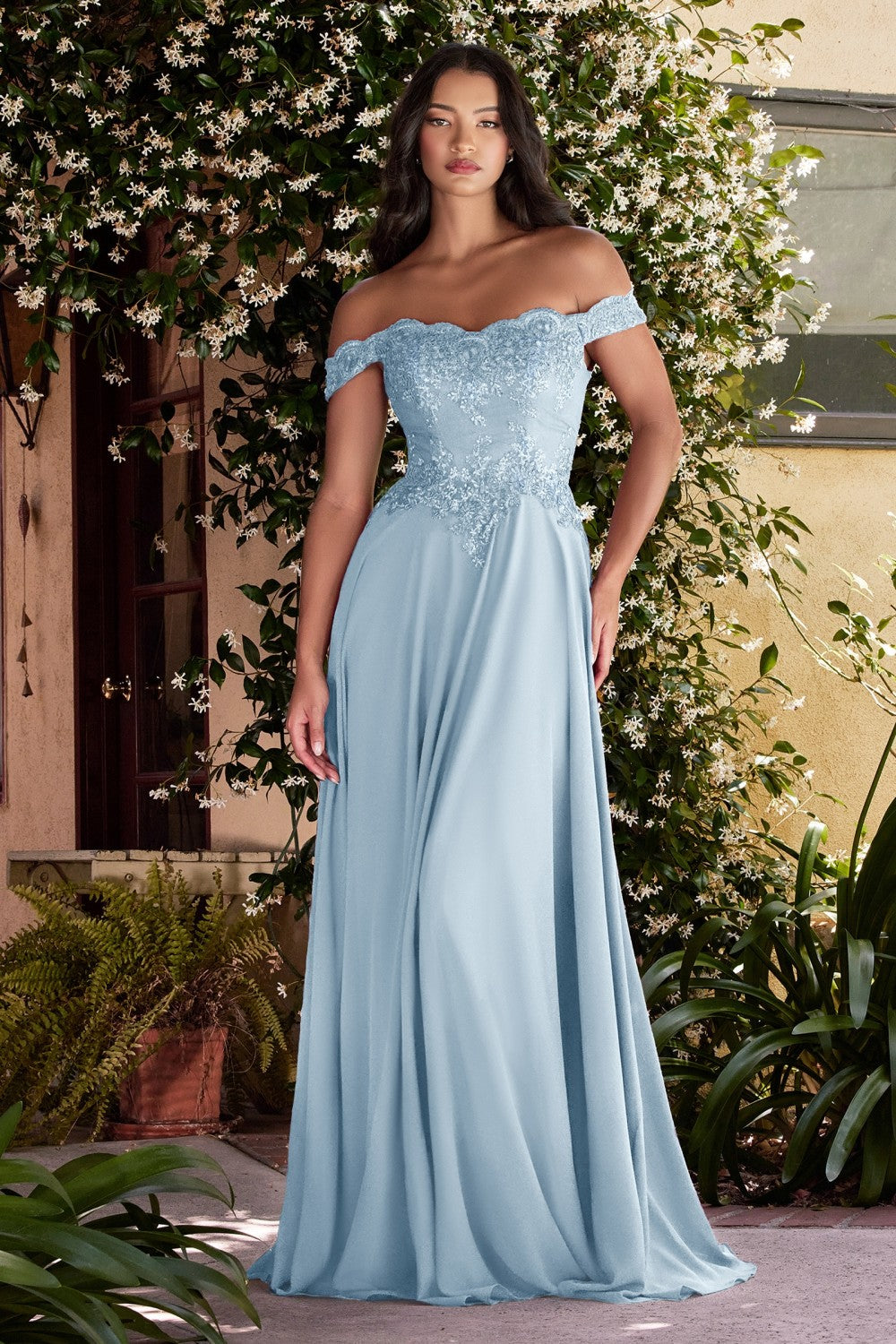 Off The Shoulder Lace Bodice Gown With Flowy Chiffon Bottom And Leg Slit In Lining by Cinderella Divine -7258
