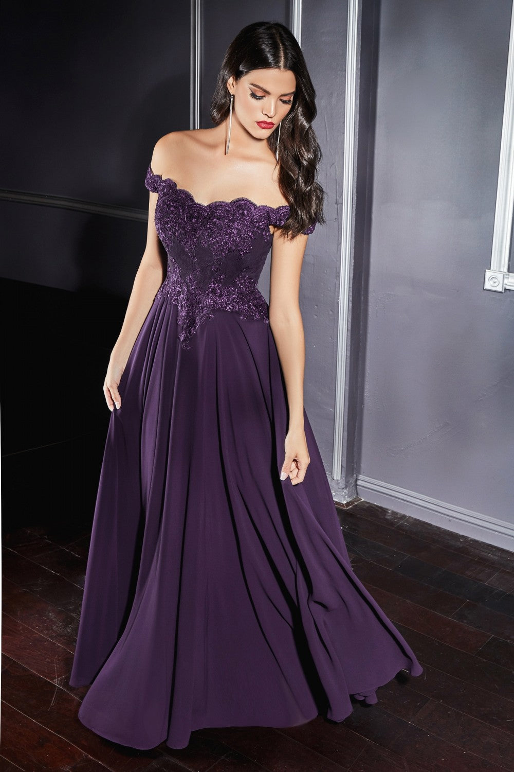 Off The Shoulder Lace Bodice Gown With Flowy Chiffon Bottom And Leg Slit In Lining by Cinderella Divine -7258