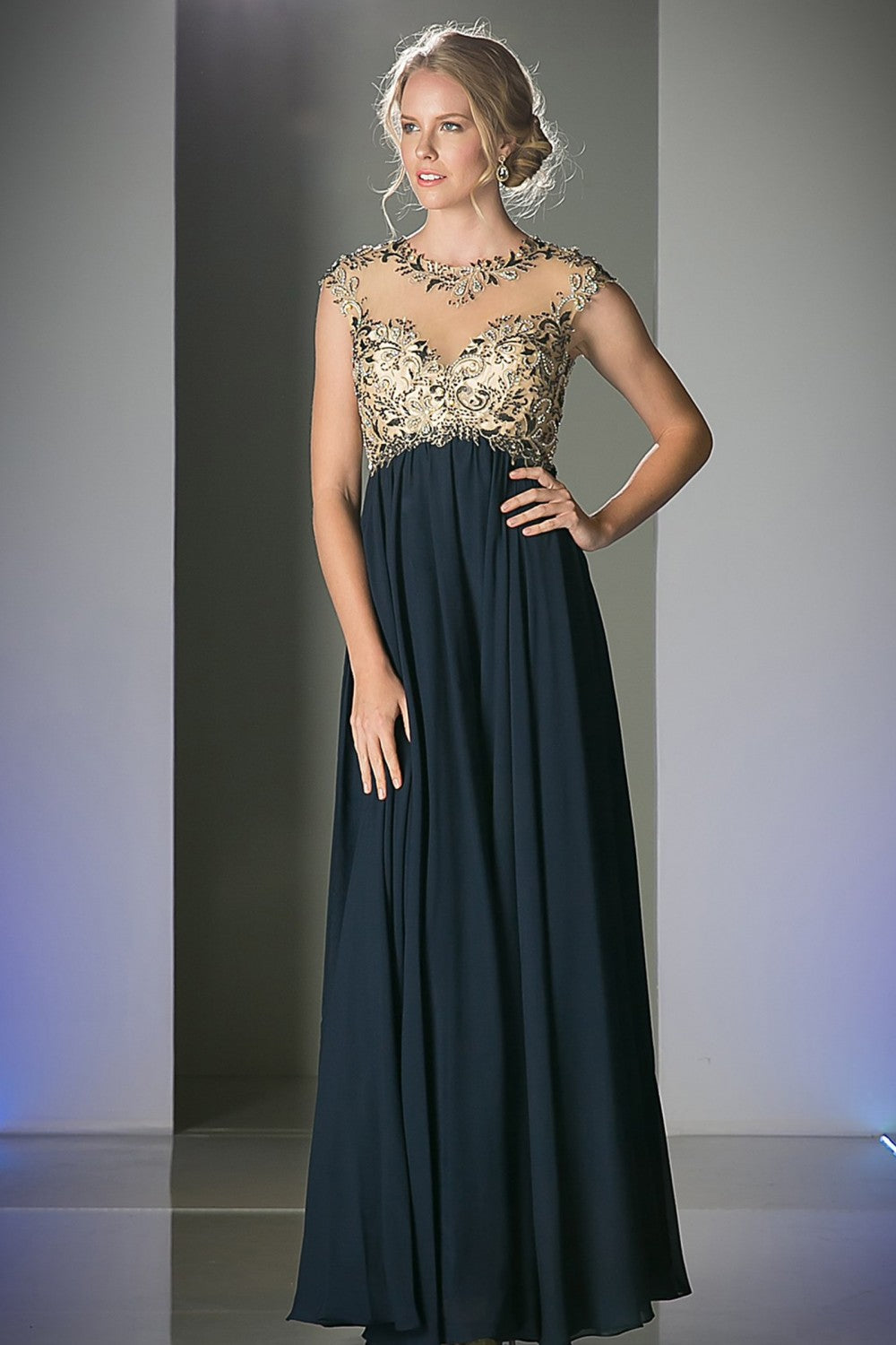 Long Cap Sleeve Illusion Dress by Cinderella Divine -72