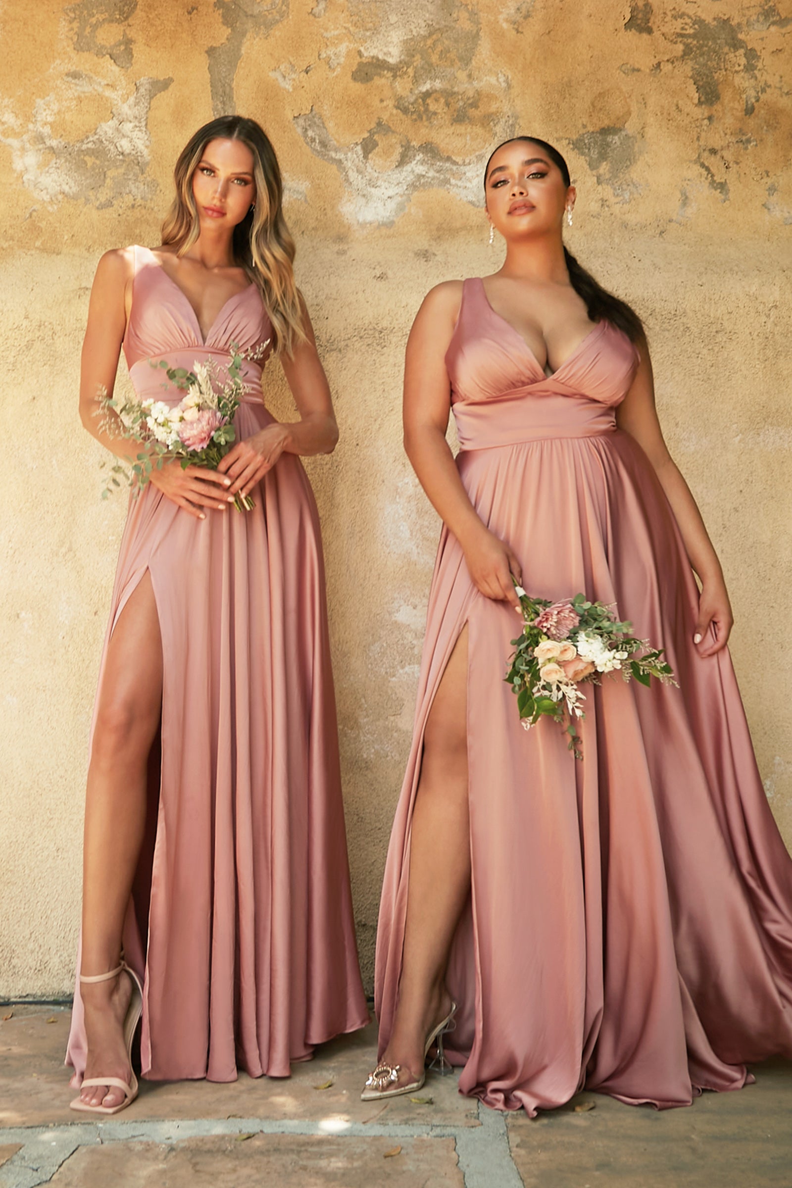 Satin Flowy A-Line Dress With Leg Slit, Open Back And V-Neckline_01 by Cinderella Divine -7469