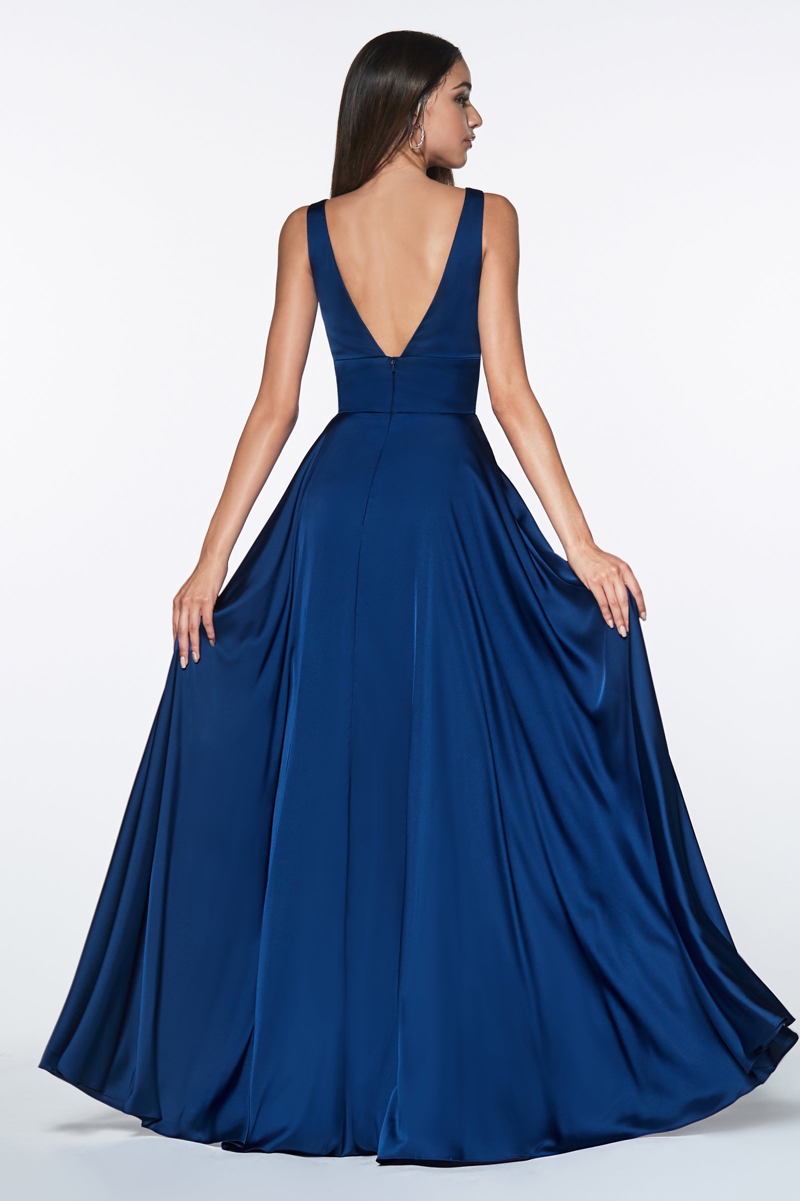 Satin Flowy A-Line Dress With Leg Slit, Open Back And V-Neckline_01 by Cinderella Divine -7469