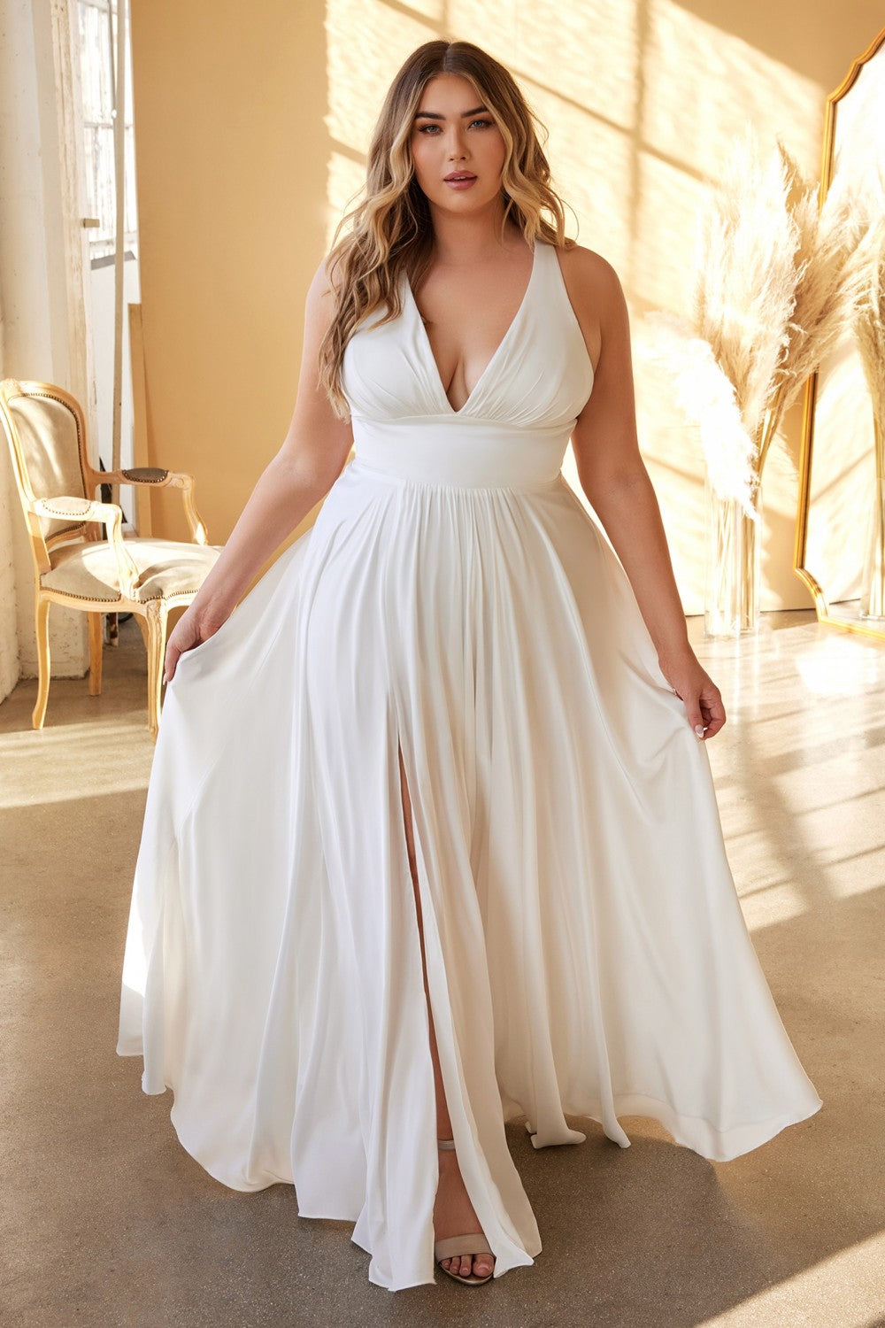 Plus Size White Satin V-Neck Gown by Cinderella Divine -7469WW