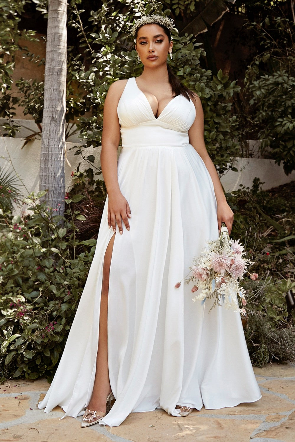 Plus Size White Satin V-Neck Gown by Cinderella Divine -7469WW