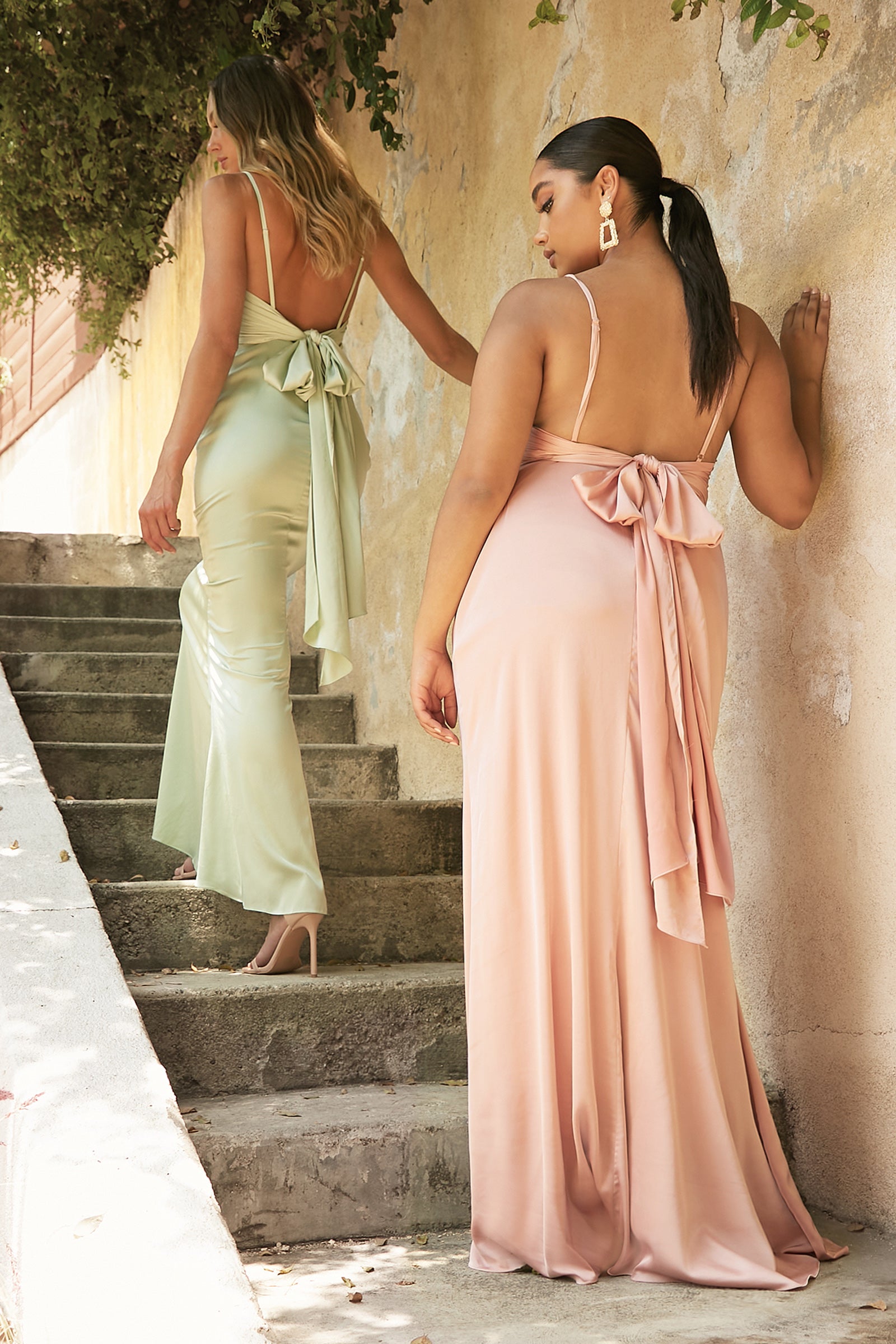 Fitted Satin Dress With Cowl Neckline And Tie Open Back by Cinderella Divine -7487