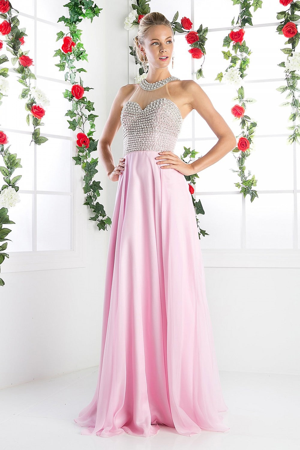 Beaded Halter Chiffon Gown by Cinderella Divine -8107