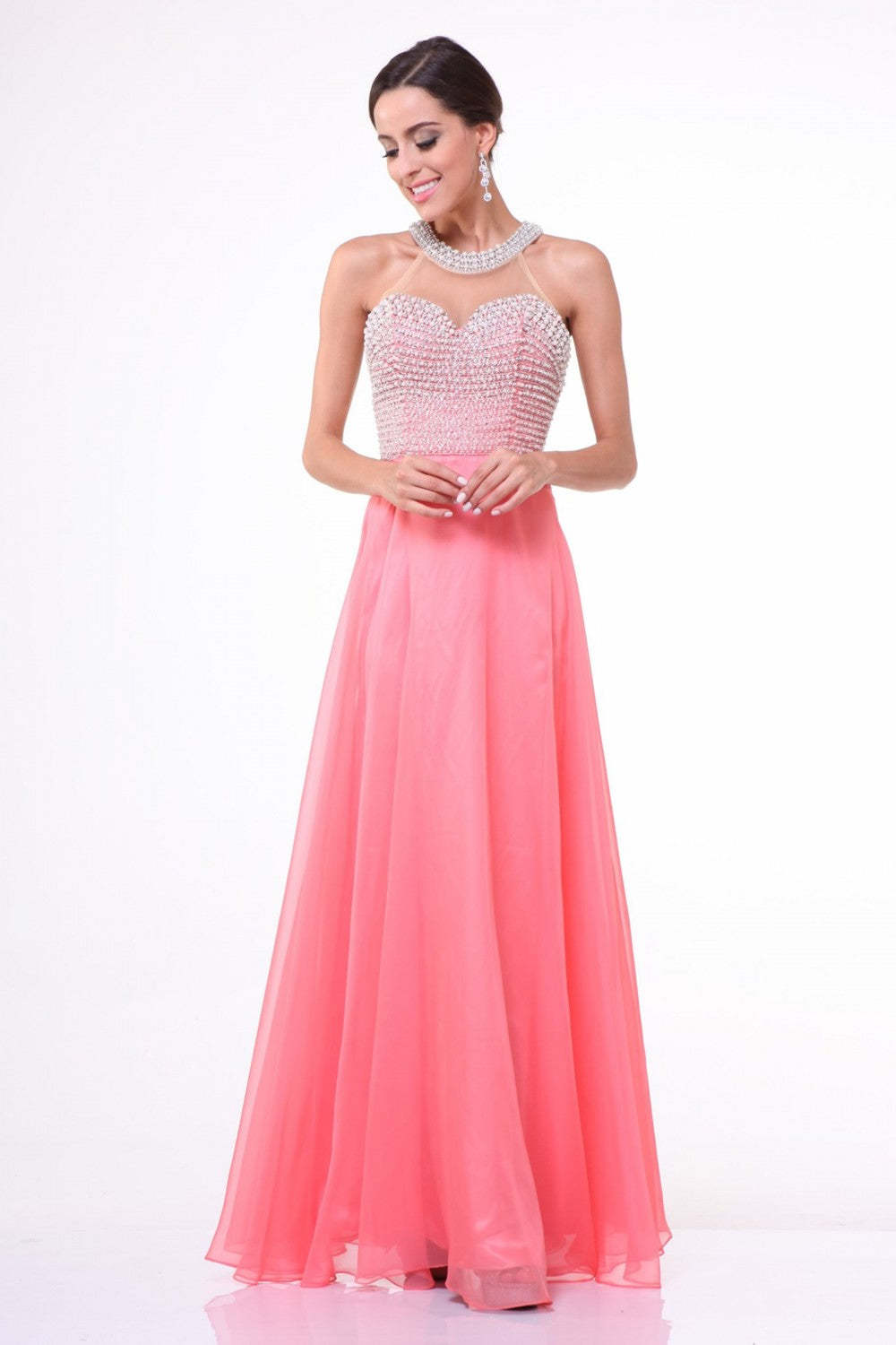 Beaded Halter Chiffon Gown by Cinderella Divine -8107