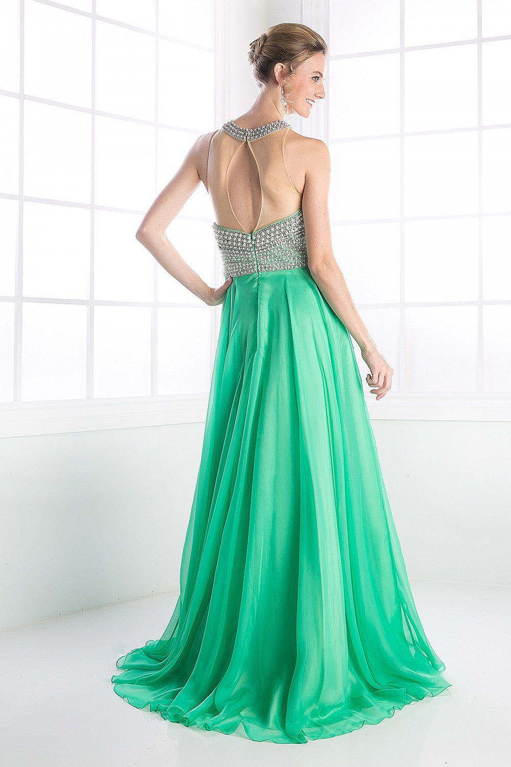 Beaded Halter Chiffon Gown by Cinderella Divine -8107