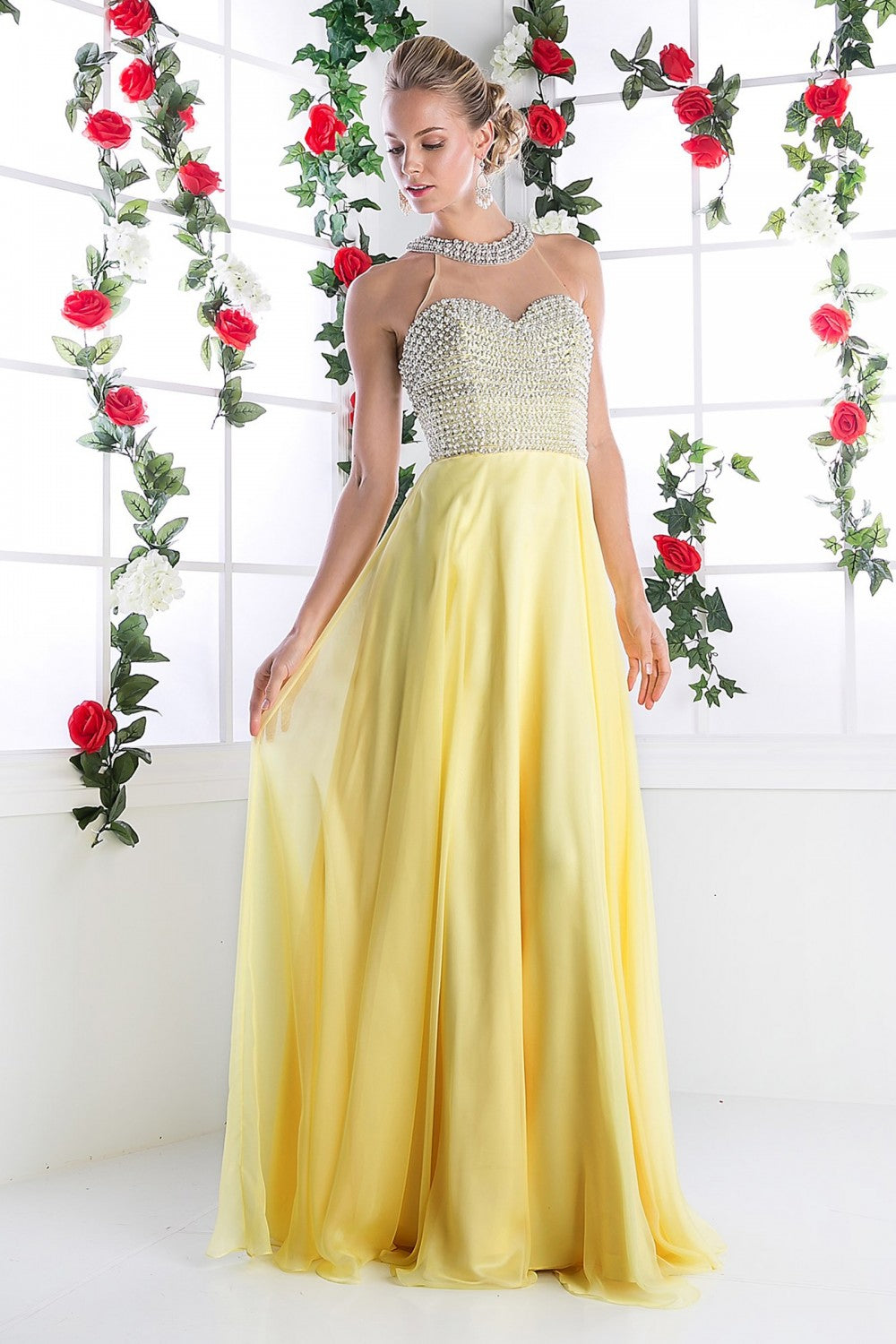 Beaded Halter Chiffon Gown by Cinderella Divine -8107