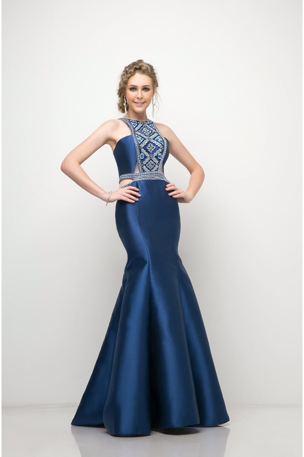 Halter Mermaid Mikado Gown With Waist Cut Outs And Geometric Beaded Details by Cinderella Divine -83789
