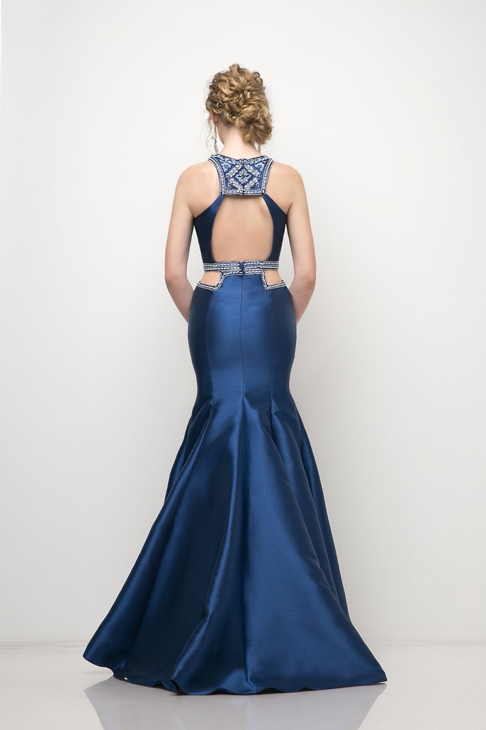 Halter Mermaid Mikado Gown With Waist Cut Outs And Geometric Beaded Details by Cinderella Divine -83789