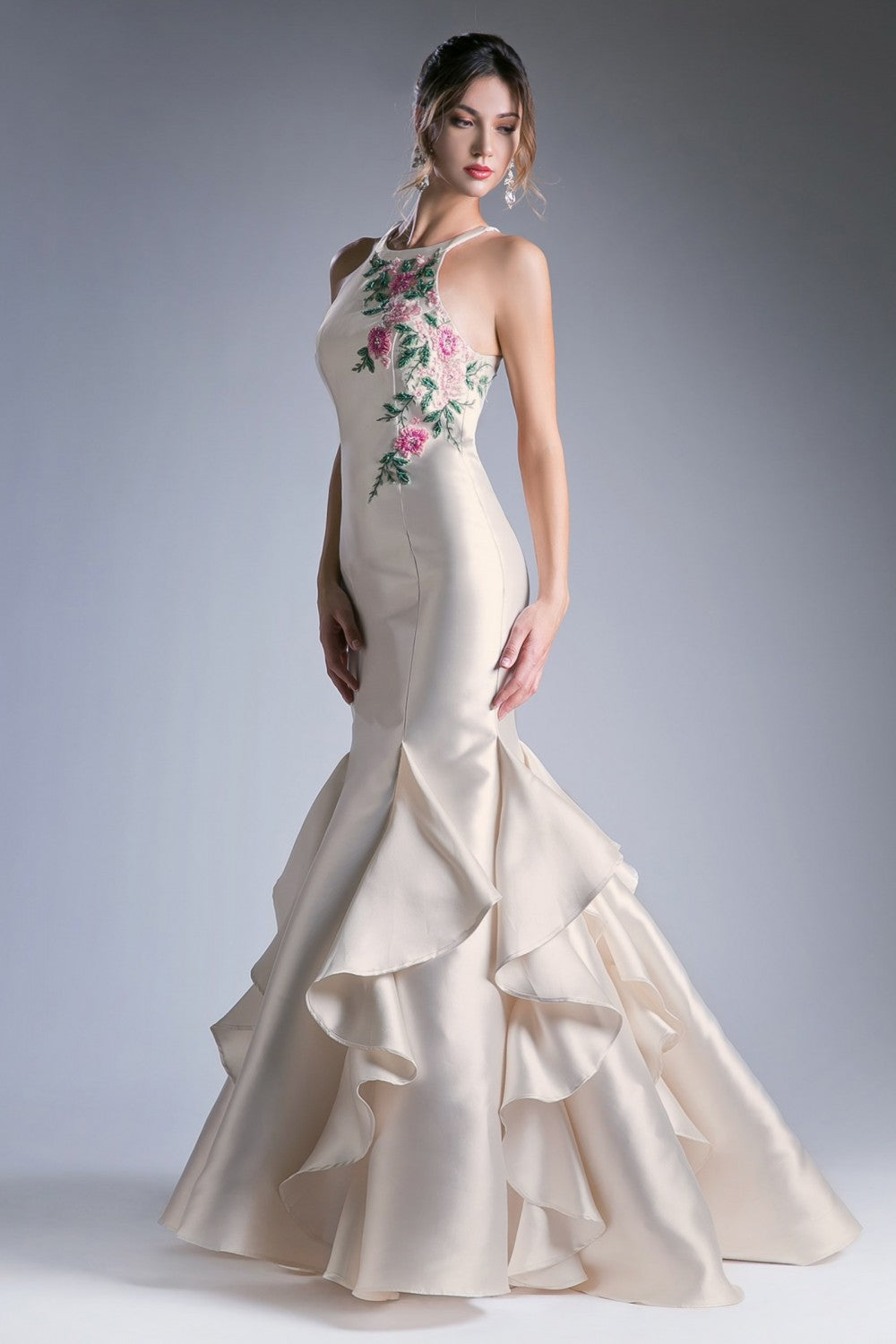 Fitted Mikado Mermaid Dress With Embroidered Flowers And Keyhole Back Opening by Cinderella Divine -83830