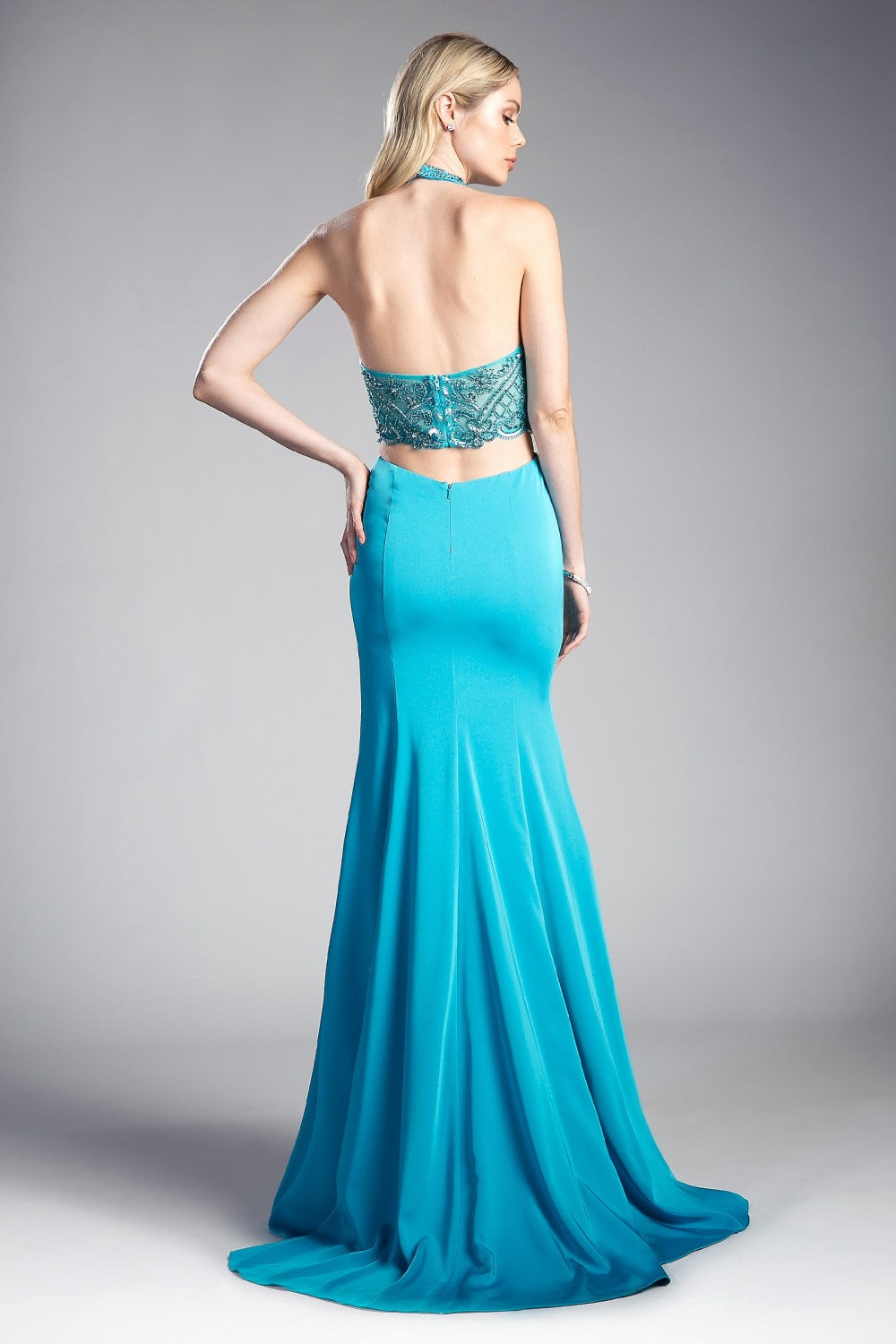 Fitted Stretch Jersey Gown With Halter Neckline And Cut Outs by Cinderella Divine -85201