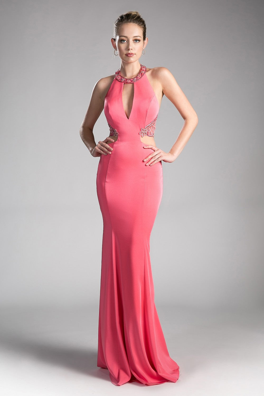 Fitted Stretch Jersey Gown With Halter Neckline And Cut Outs by Cinderella Divine -85201