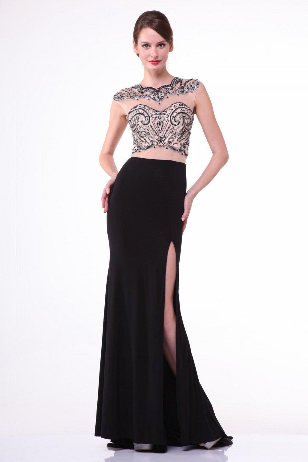 Beaded Illusion Sheath Dress With Slit By Cinderella Divine -8786
