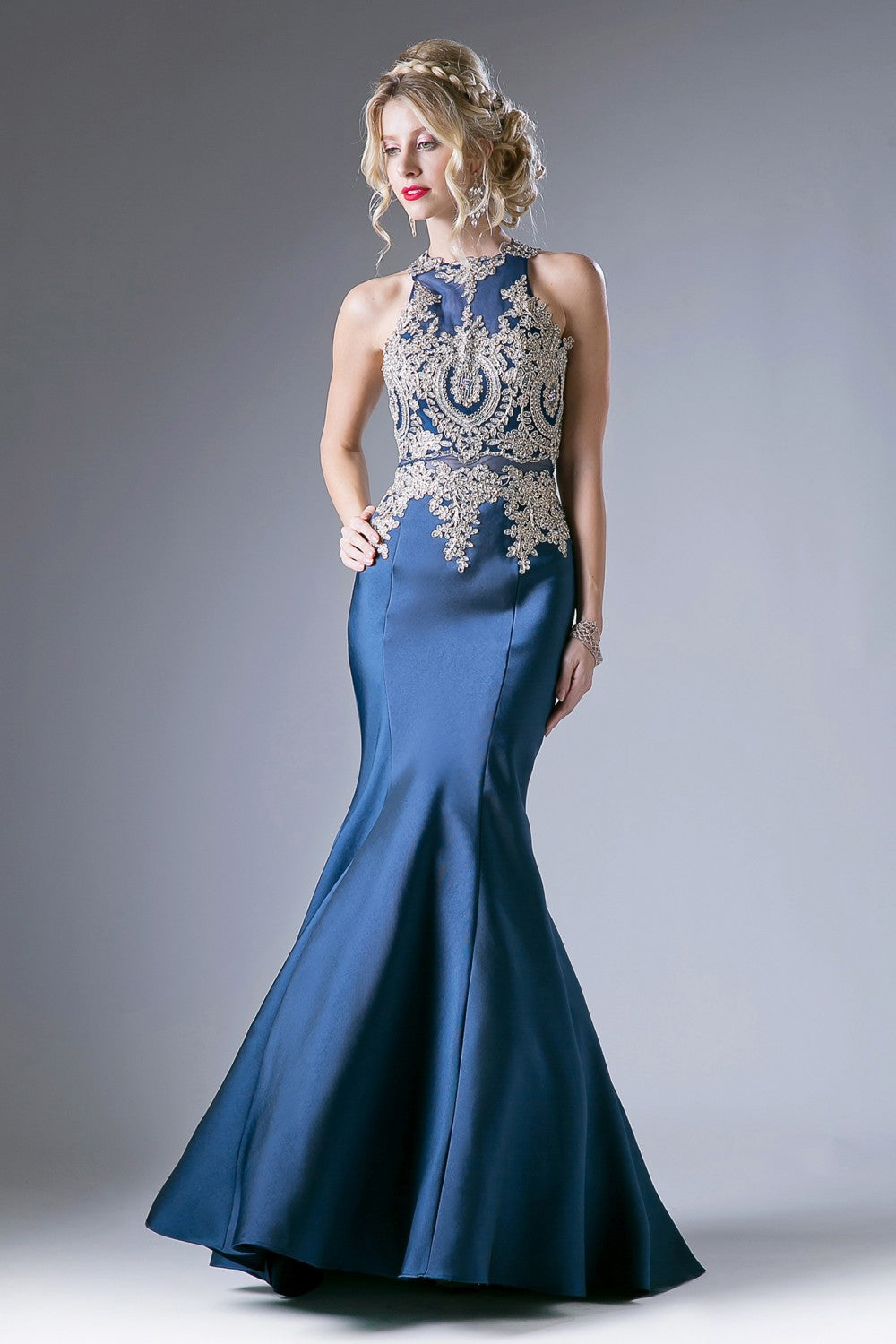 Fitted Mermaid Gown With Lace Halter Neckline And Embelished Details by Cinderella Divine -8934