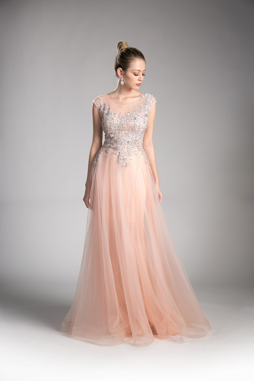 A-Line Tulle Dress With Beaded Cap Sleeve Bodice And Illusion Back by Cinderella Divine -8992