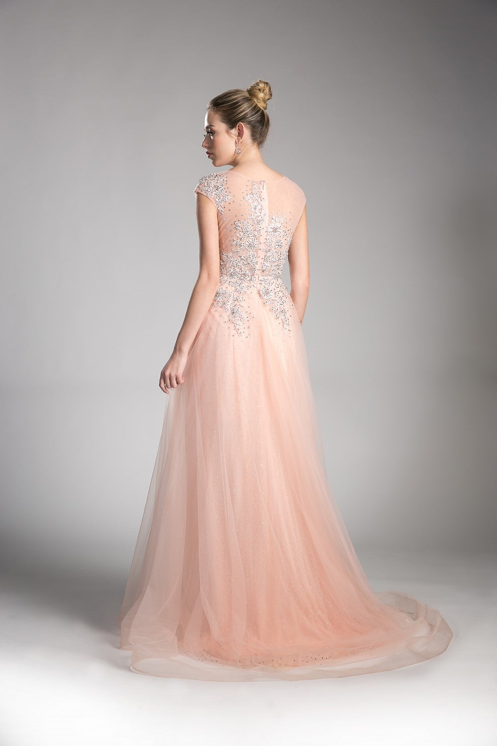 A-Line Tulle Dress With Beaded Cap Sleeve Bodice And Illusion Back by Cinderella Divine -8992