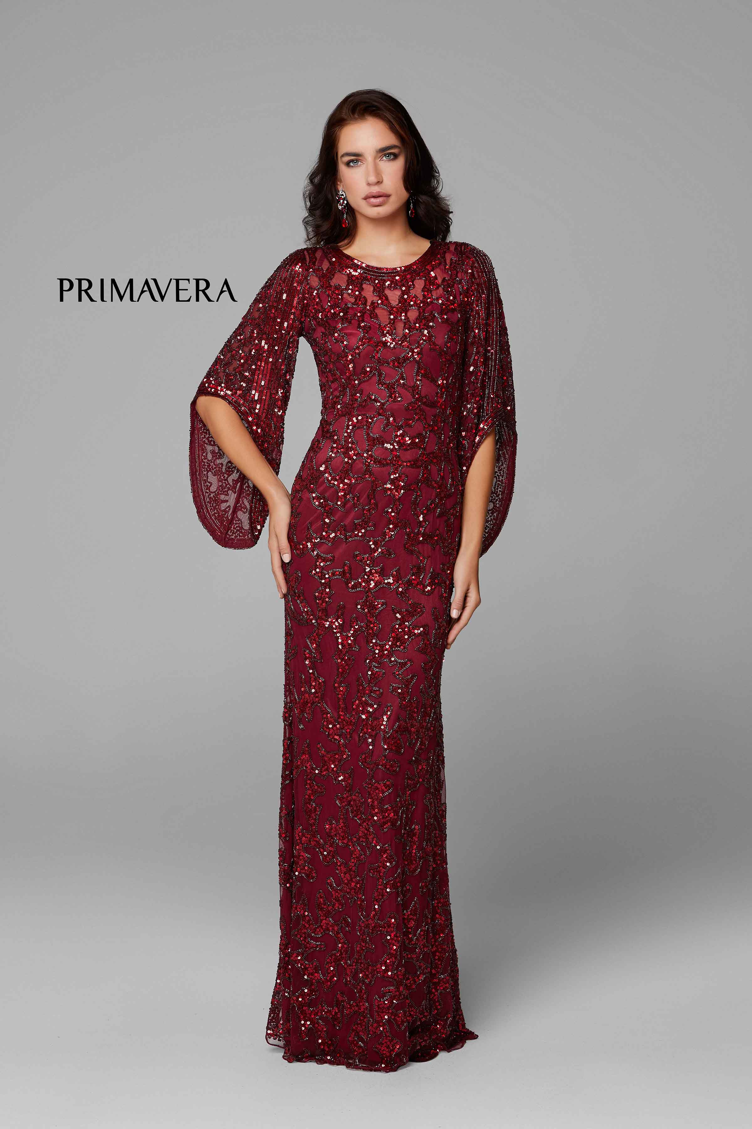 Sequined Flare Sleeve Illusion Sheath Gown By Primavera Couture -9713