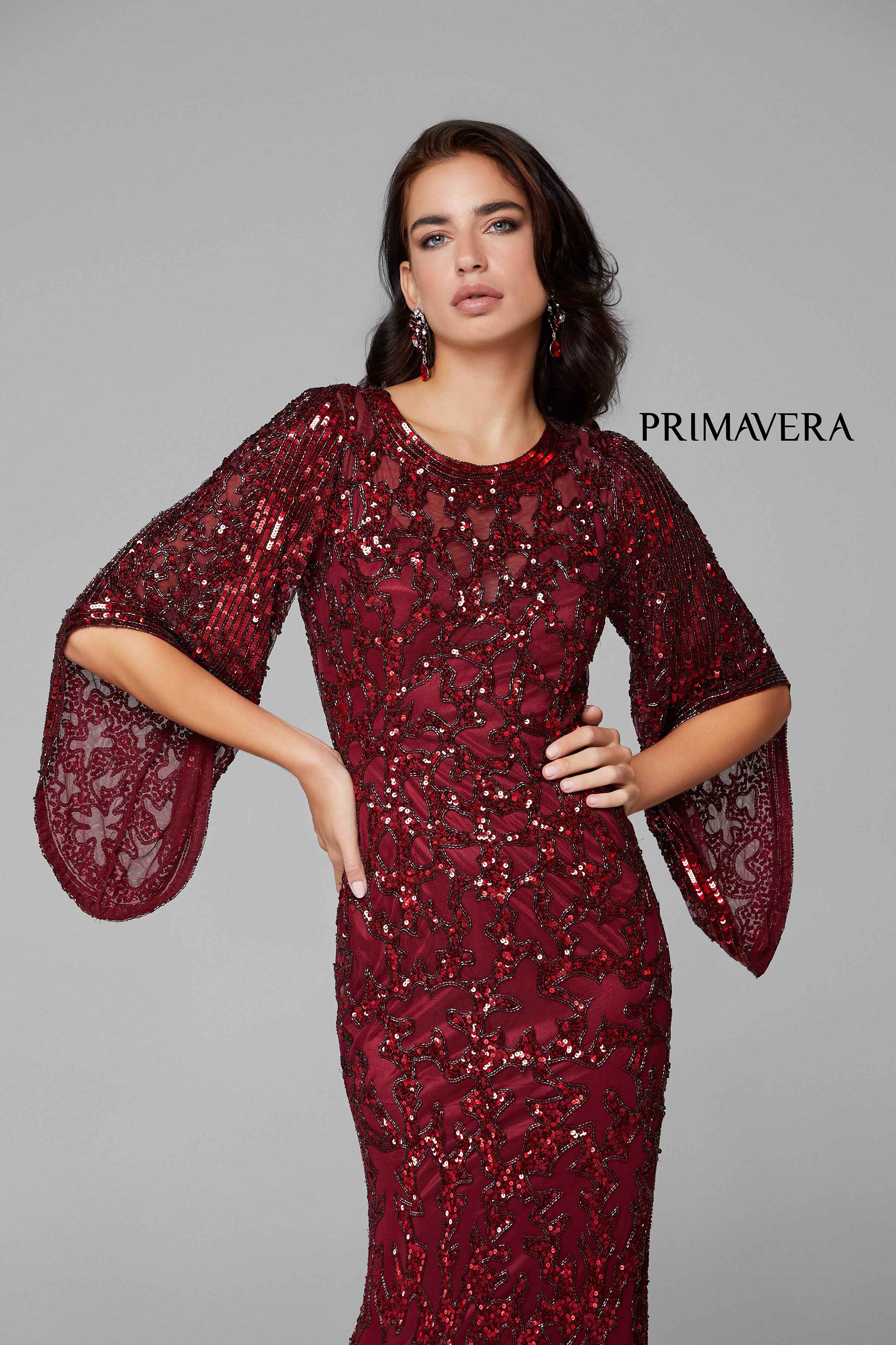 Sequined Flare Sleeve Illusion Sheath Gown By Primavera Couture -9713