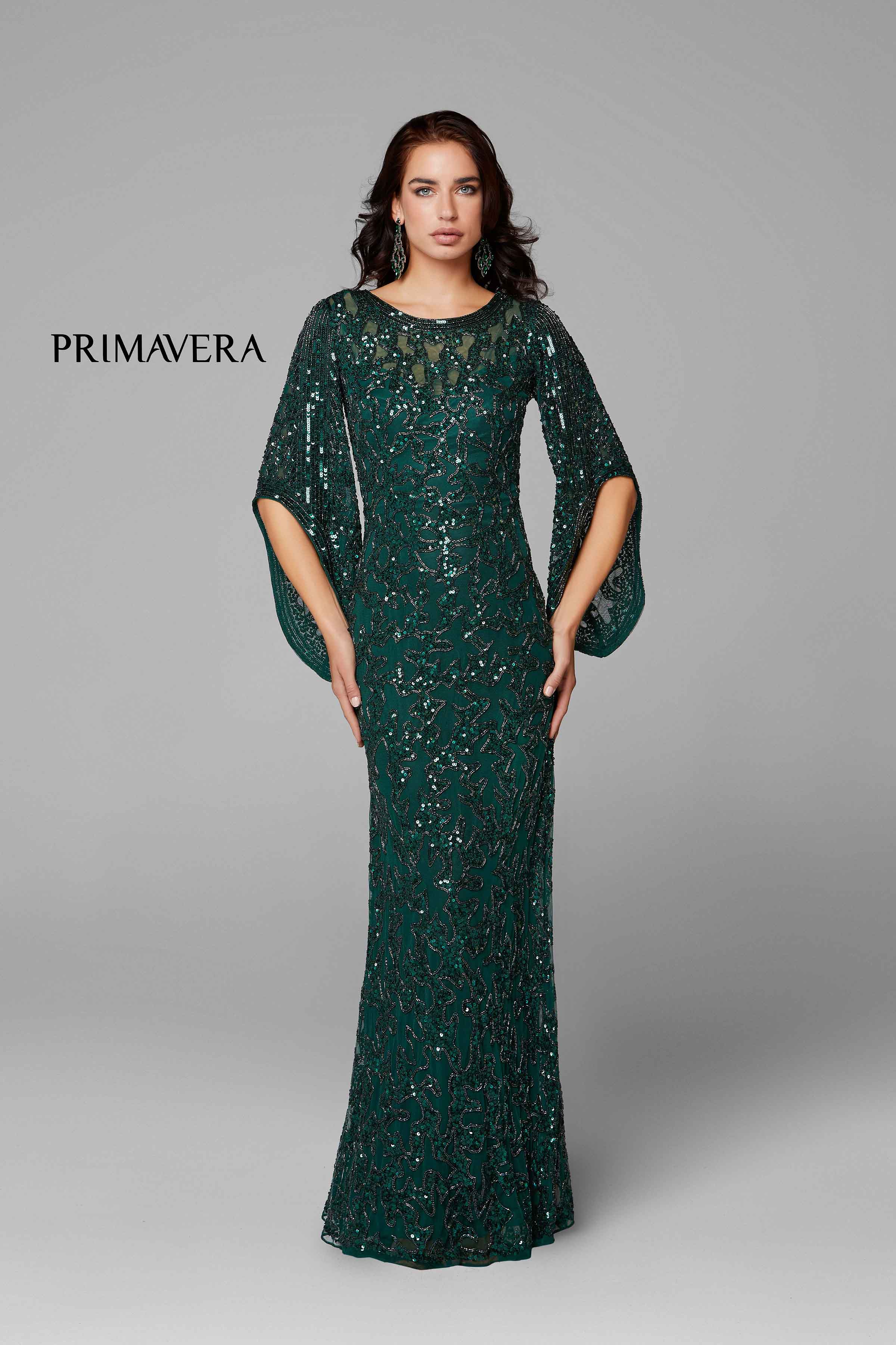 Sequined Flare Sleeve Illusion Sheath Gown By Primavera Couture -9713