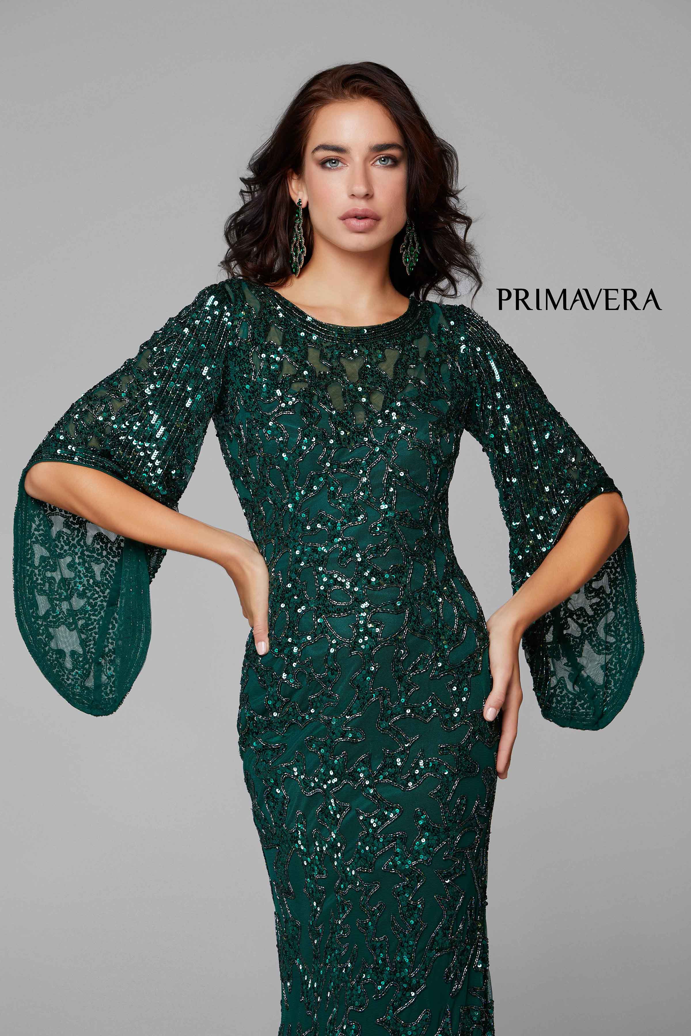 Sequined Flare Sleeve Illusion Sheath Gown By Primavera Couture -9713