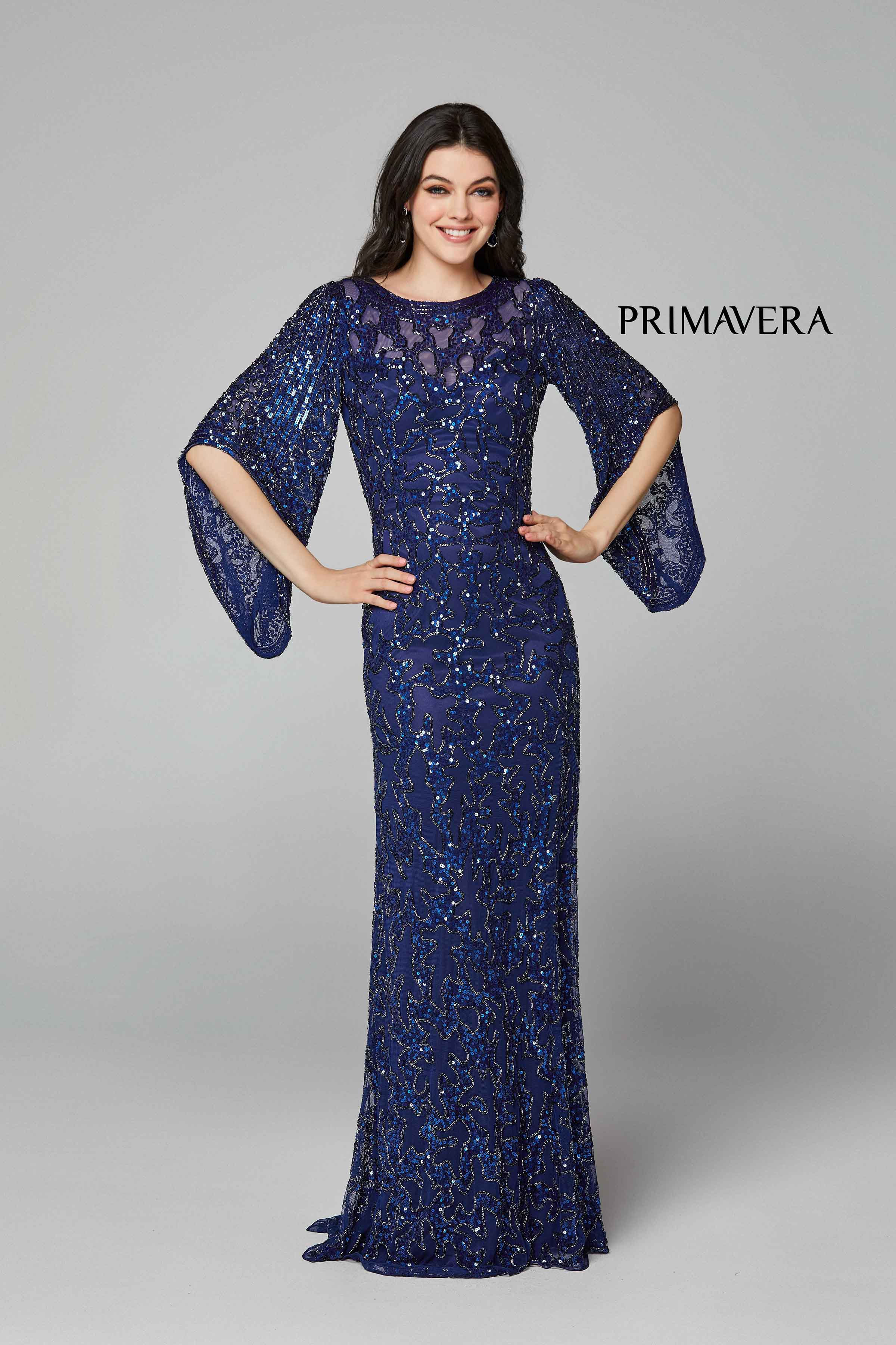 Sequined Flare Sleeve Illusion Sheath Gown By Primavera Couture -9713
