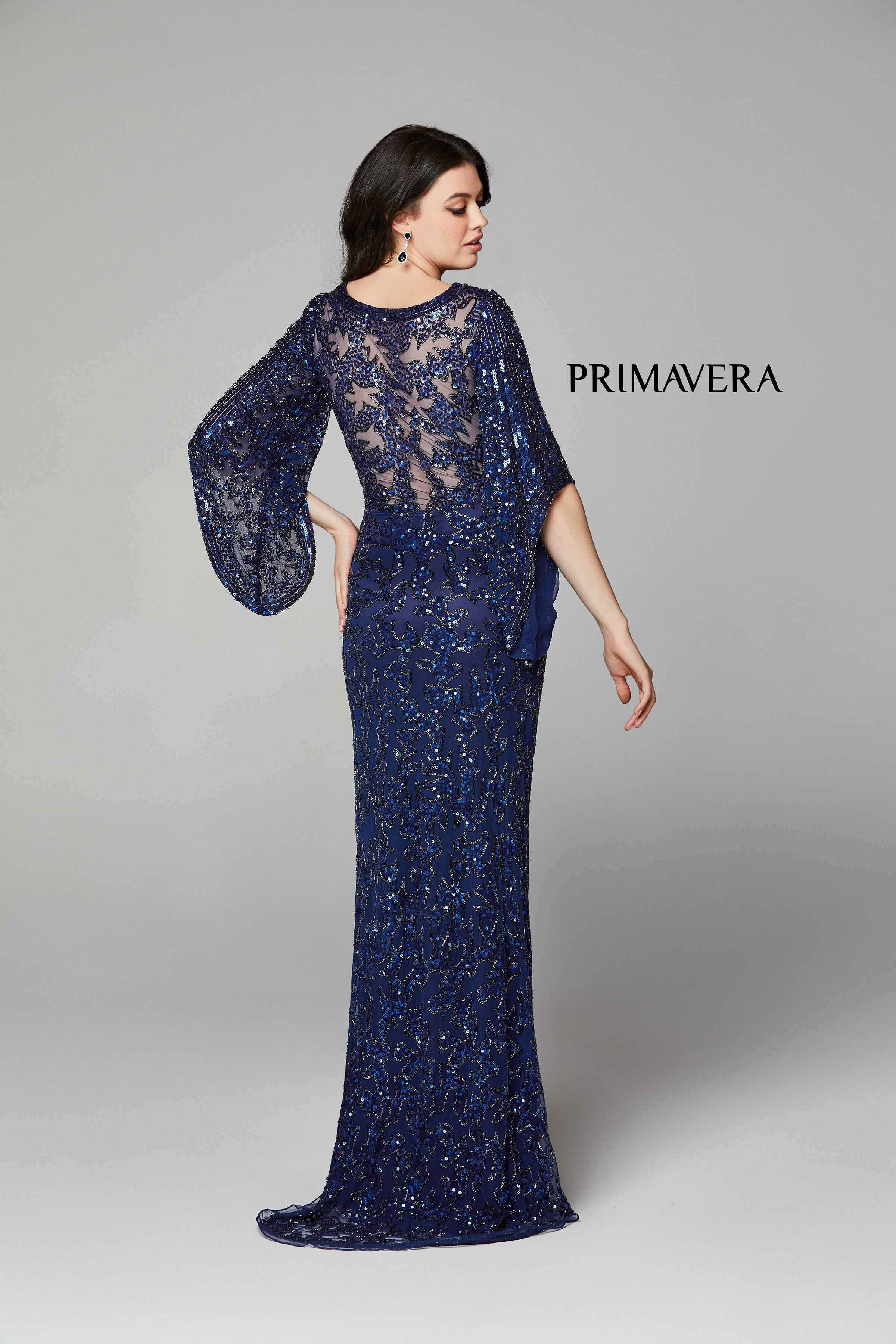 Sequined Flare Sleeve Illusion Sheath Gown By Primavera Couture -9713