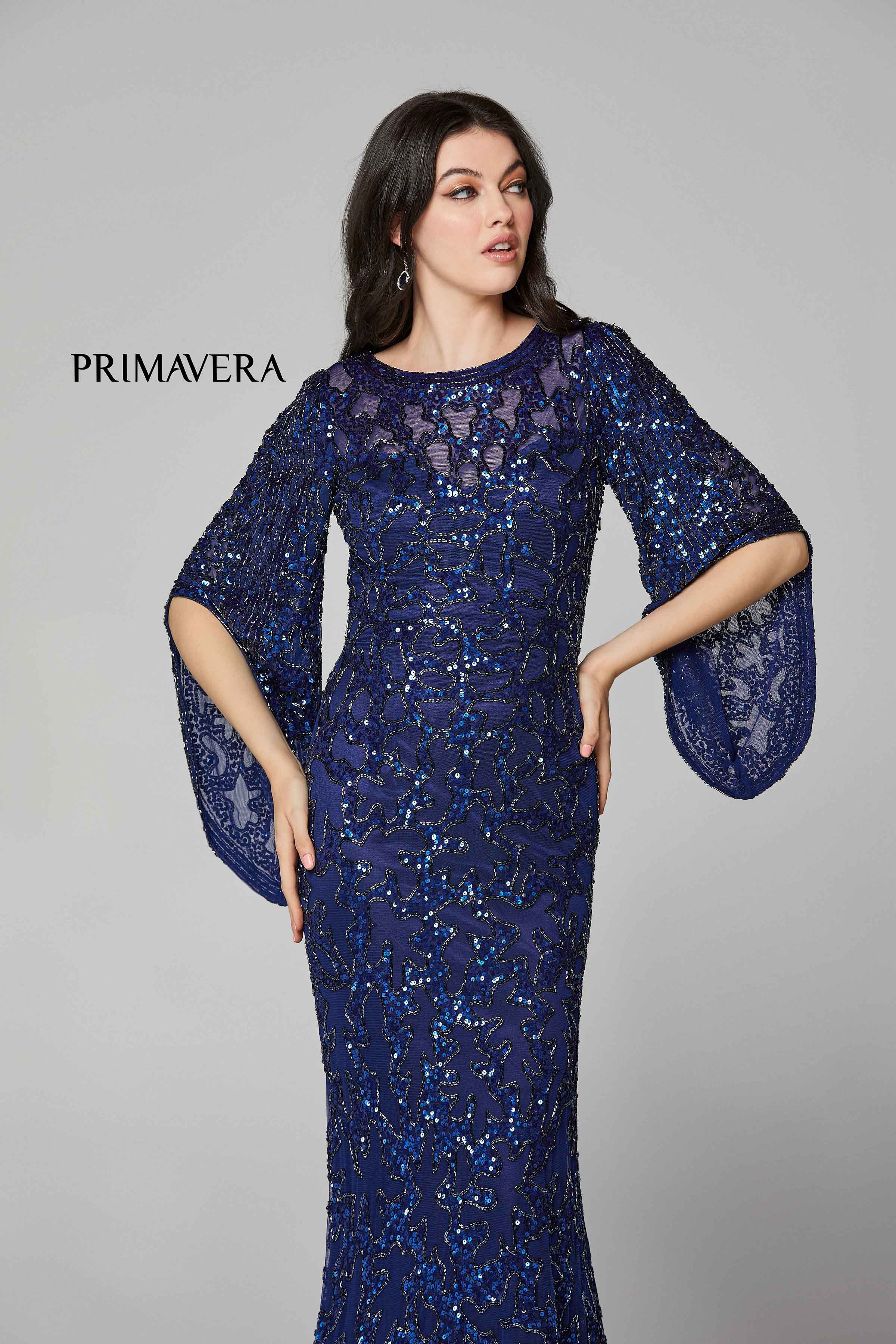 Sequined Flare Sleeve Illusion Sheath Gown By Primavera Couture -9713