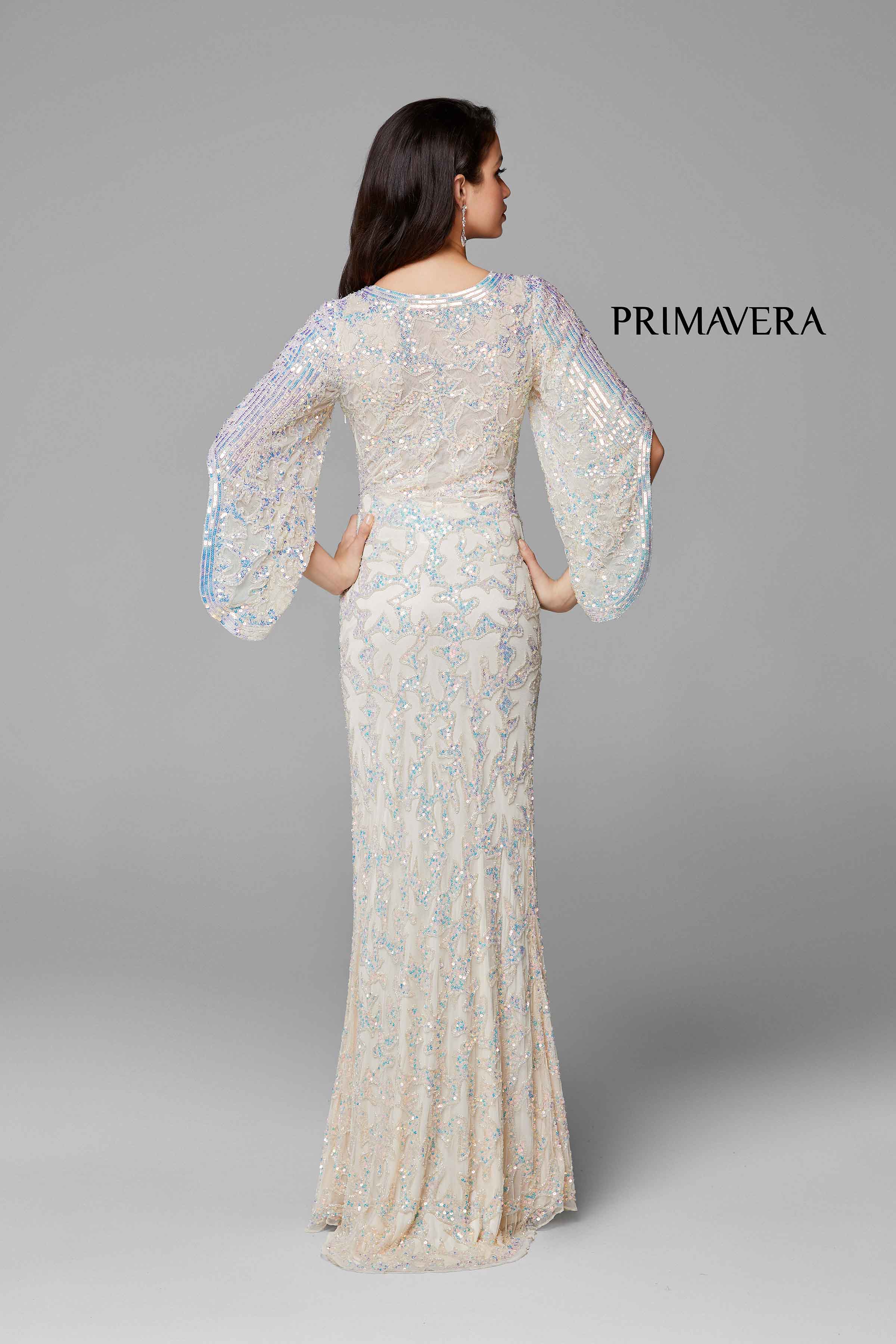 Sequined Flare Sleeve Illusion Sheath Gown By Primavera Couture -9713