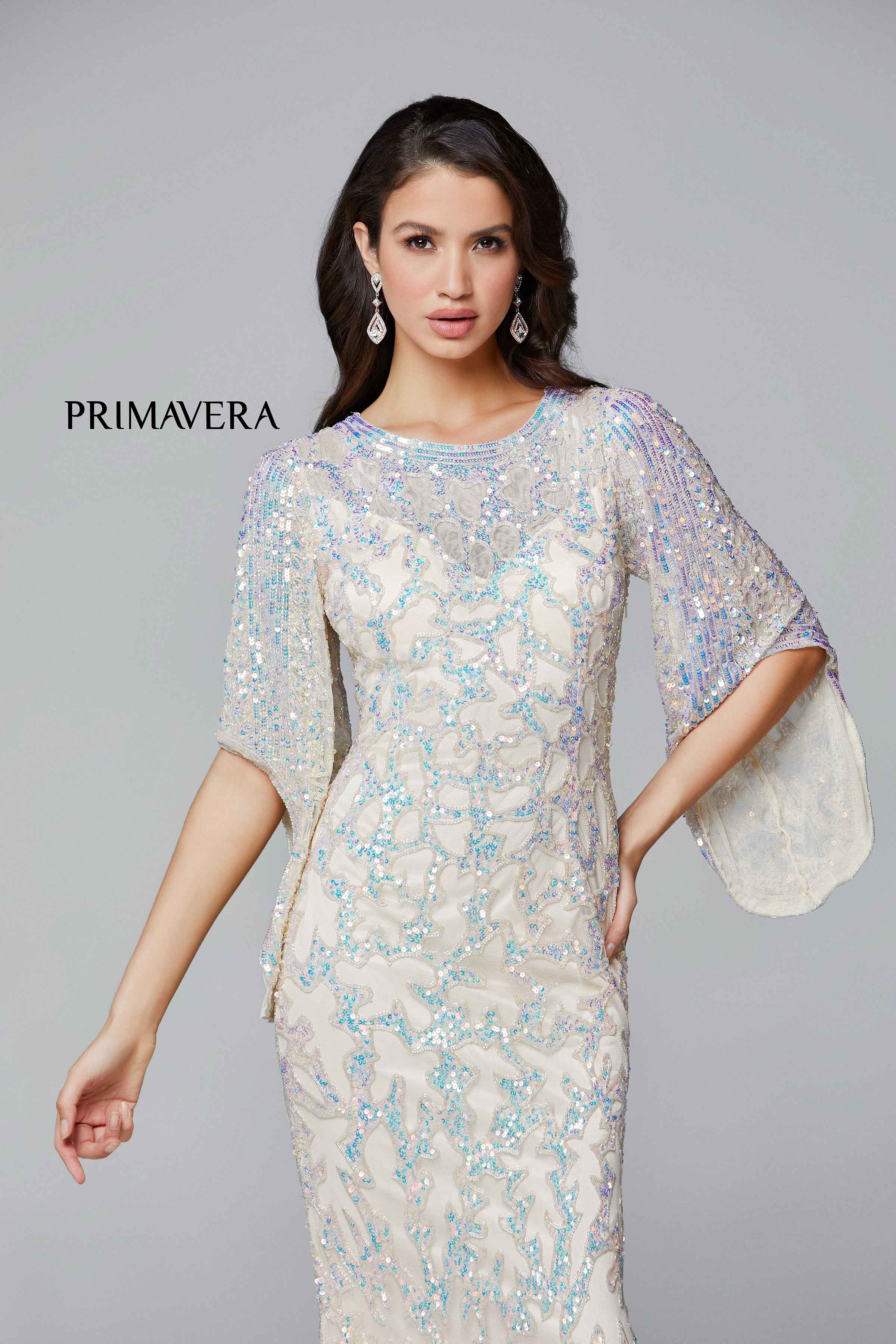 Sequined Flare Sleeve Illusion Sheath Gown By Primavera Couture -9713