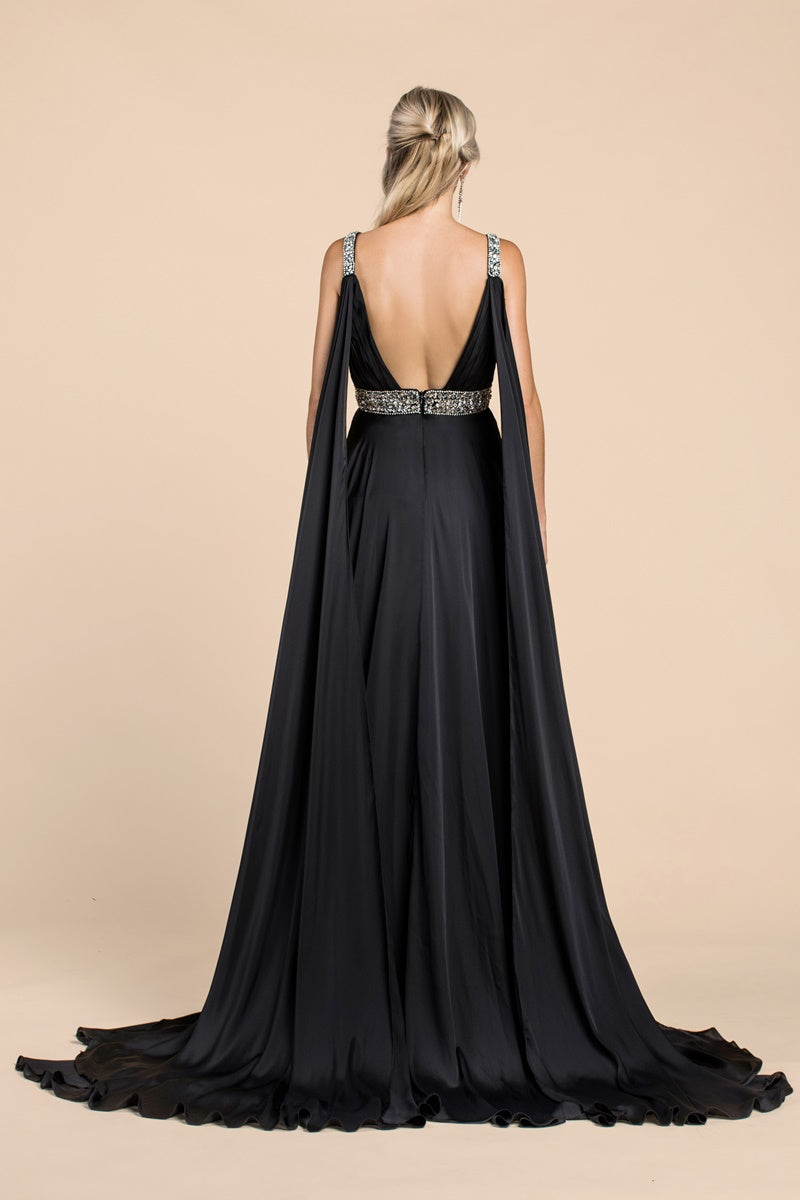 Satin A-Line Gown With Cape Sleeve, High Slit And Underskirt by Cinderella Divine -A0065