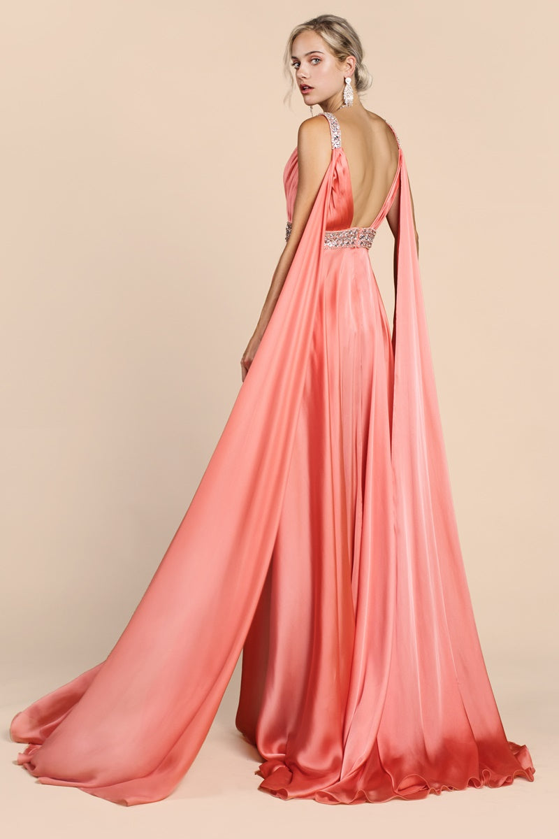 Satin A-Line Gown With Cape Sleeve, High Slit And Underskirt by Cinderella Divine -A0065