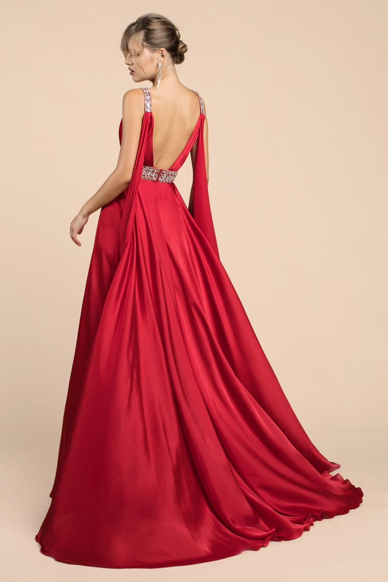 Satin A-Line Gown With Cape Sleeve, High Slit And Underskirt by Cinderella Divine -A0065