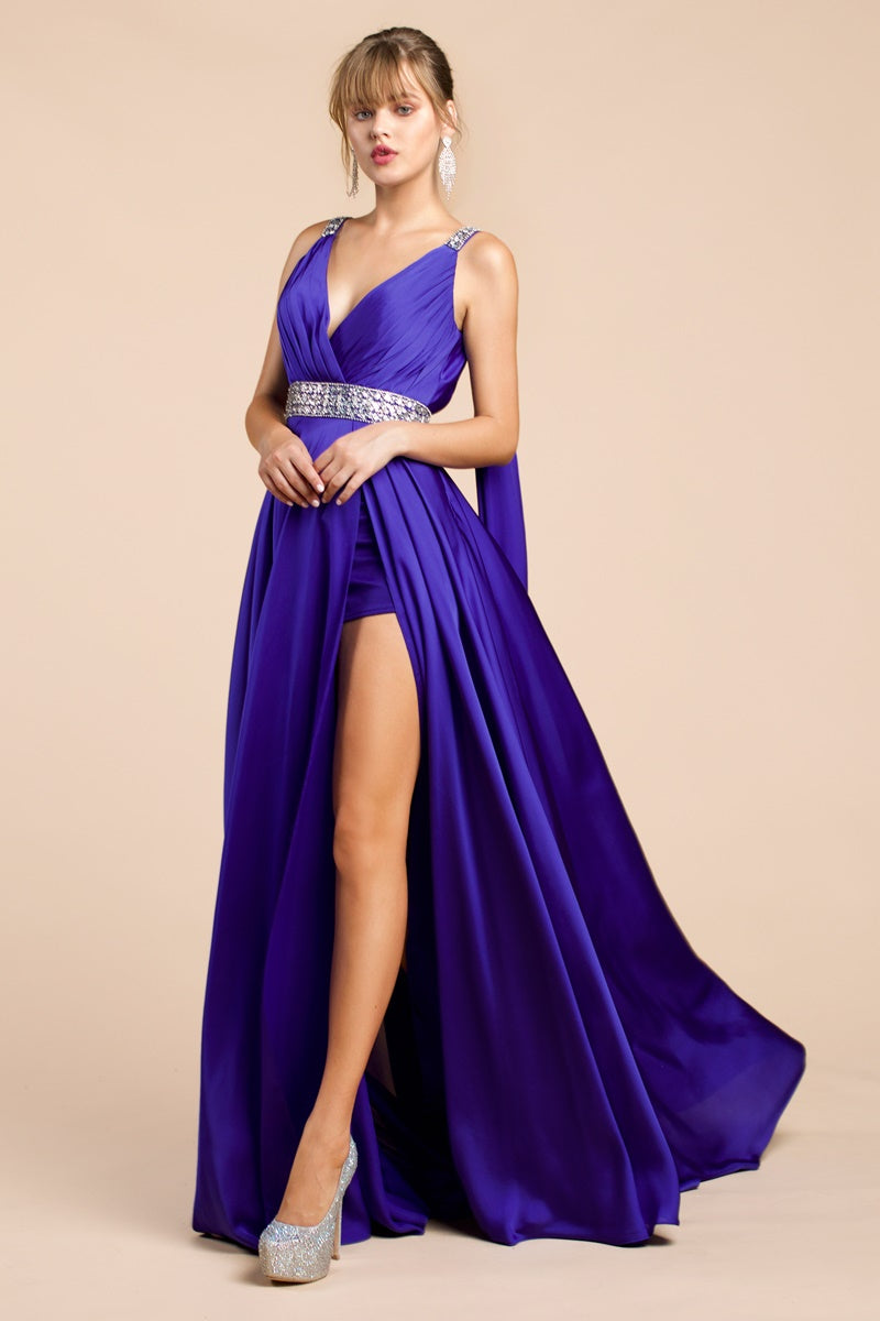Satin A-Line Gown With Cape Sleeve, High Slit And Underskirt by Cinderella Divine -A0065