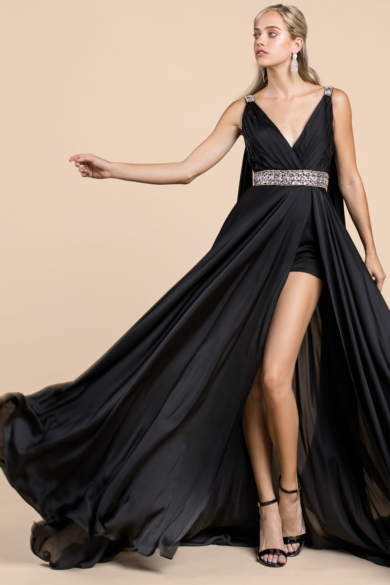 Satin A-Line Gown With Cape Sleeve, High Slit And Underskirt by Cinderella Divine -A0065