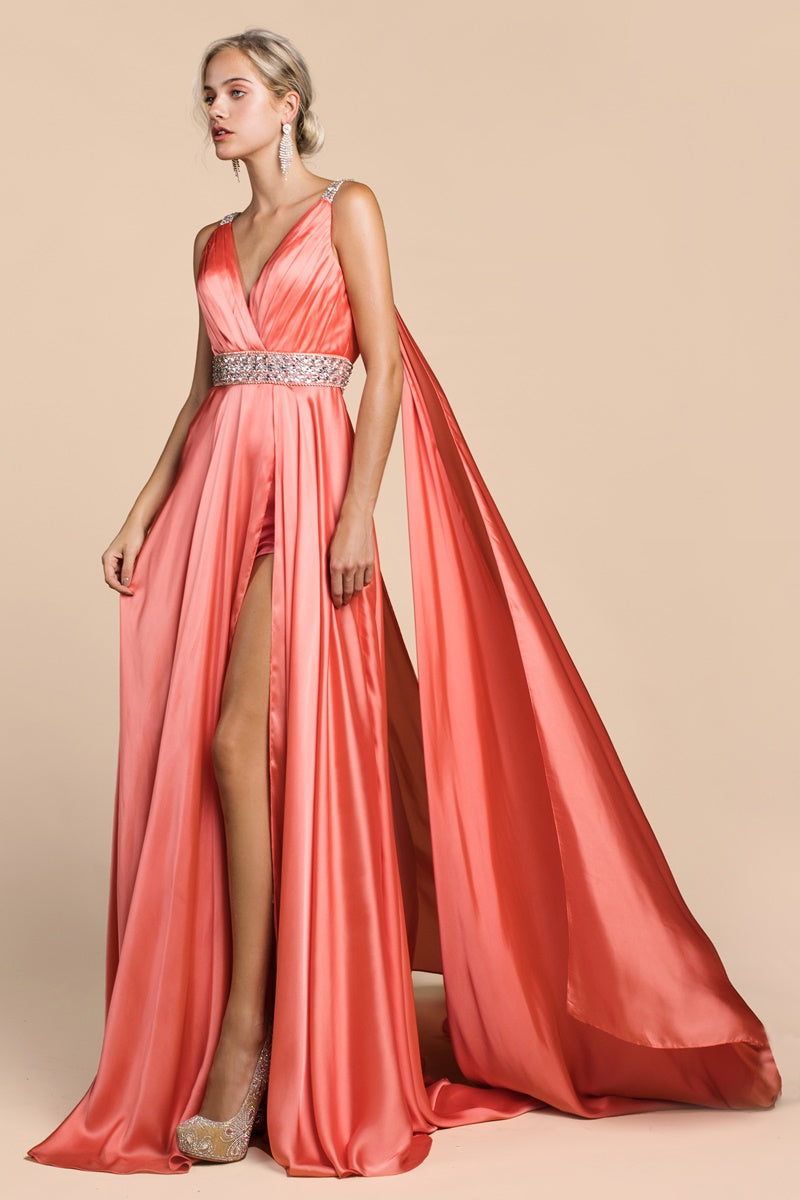 Satin A-Line Gown With Cape Sleeve, High Slit And Underskirt by Cinderella Divine -A0065