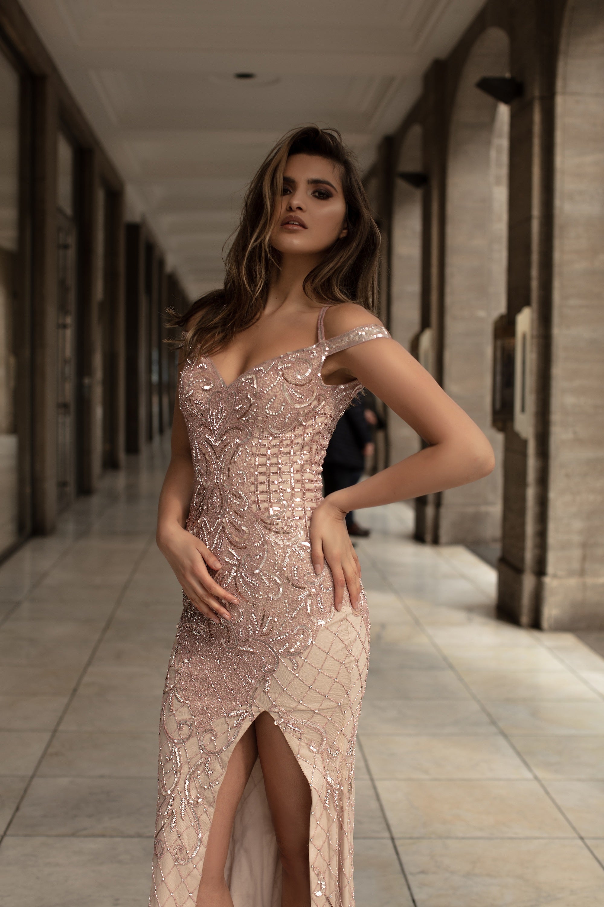 Beaded Off Shoulder Long Dress By Chic And Holland -AN1401