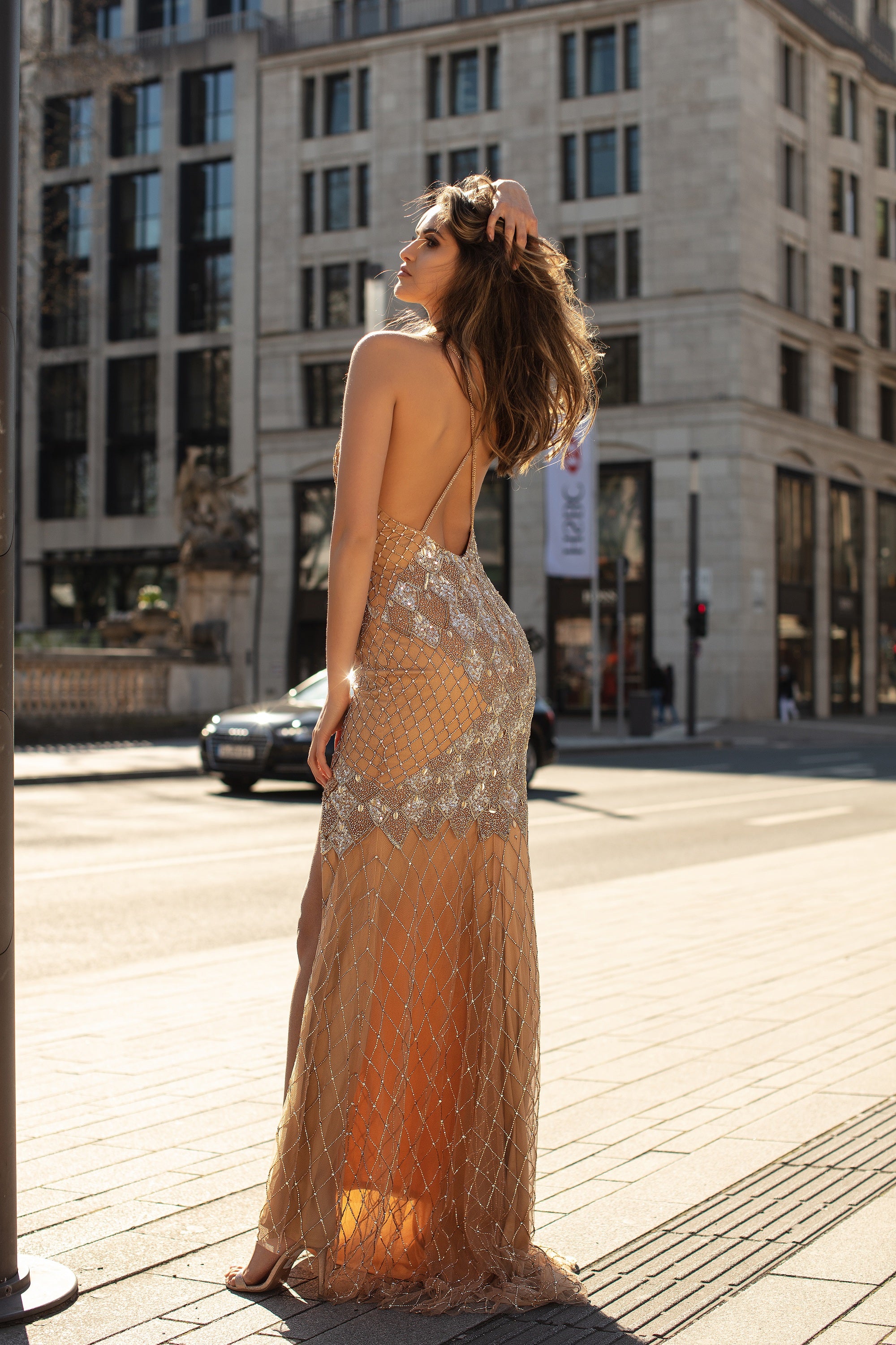 Crisscross Back High Slit Ornate Dress By Chic And Holland -AN1407